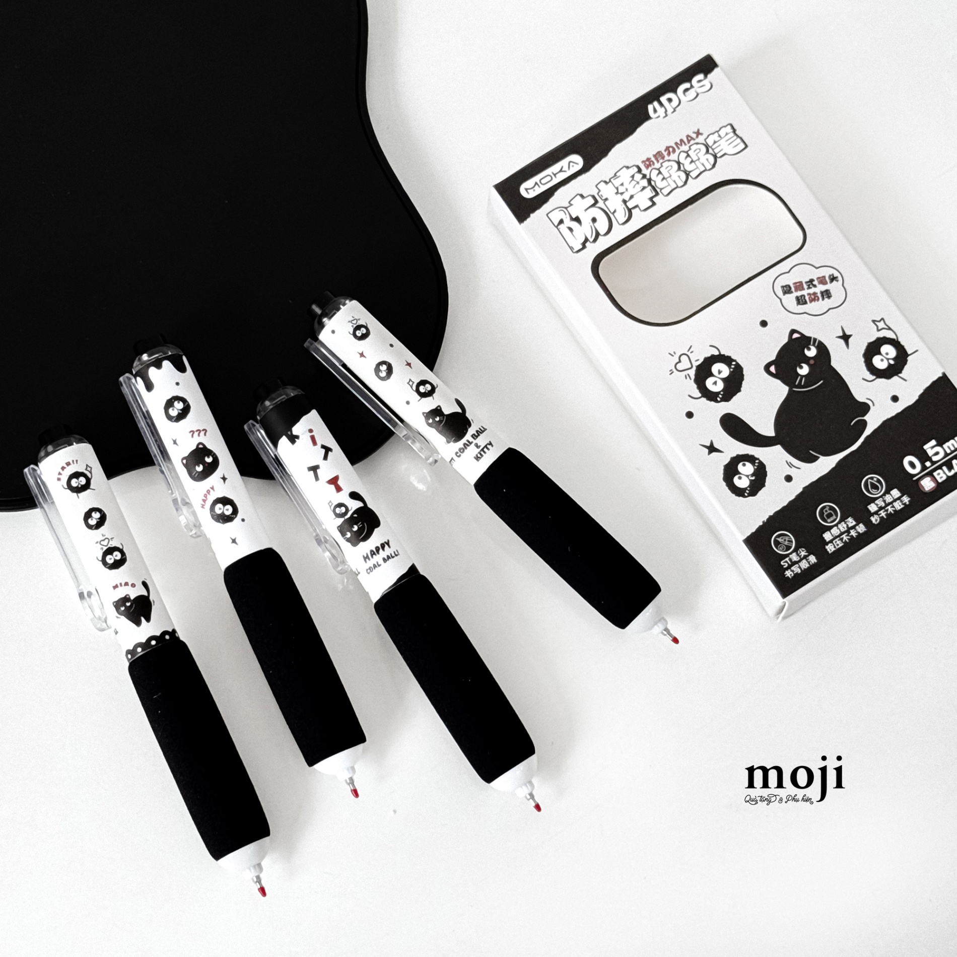 Bút gel set4 mực đen Black cat happy coal ball