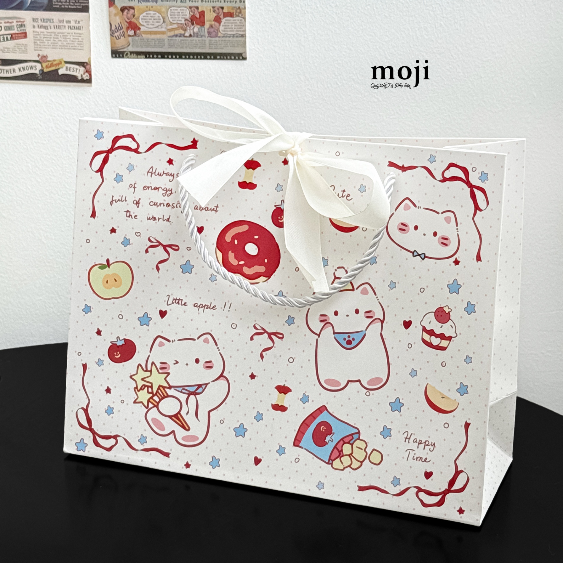 Bao túi quà Cute cat happy time ngôi sao nơ ruy băng 10x19x25