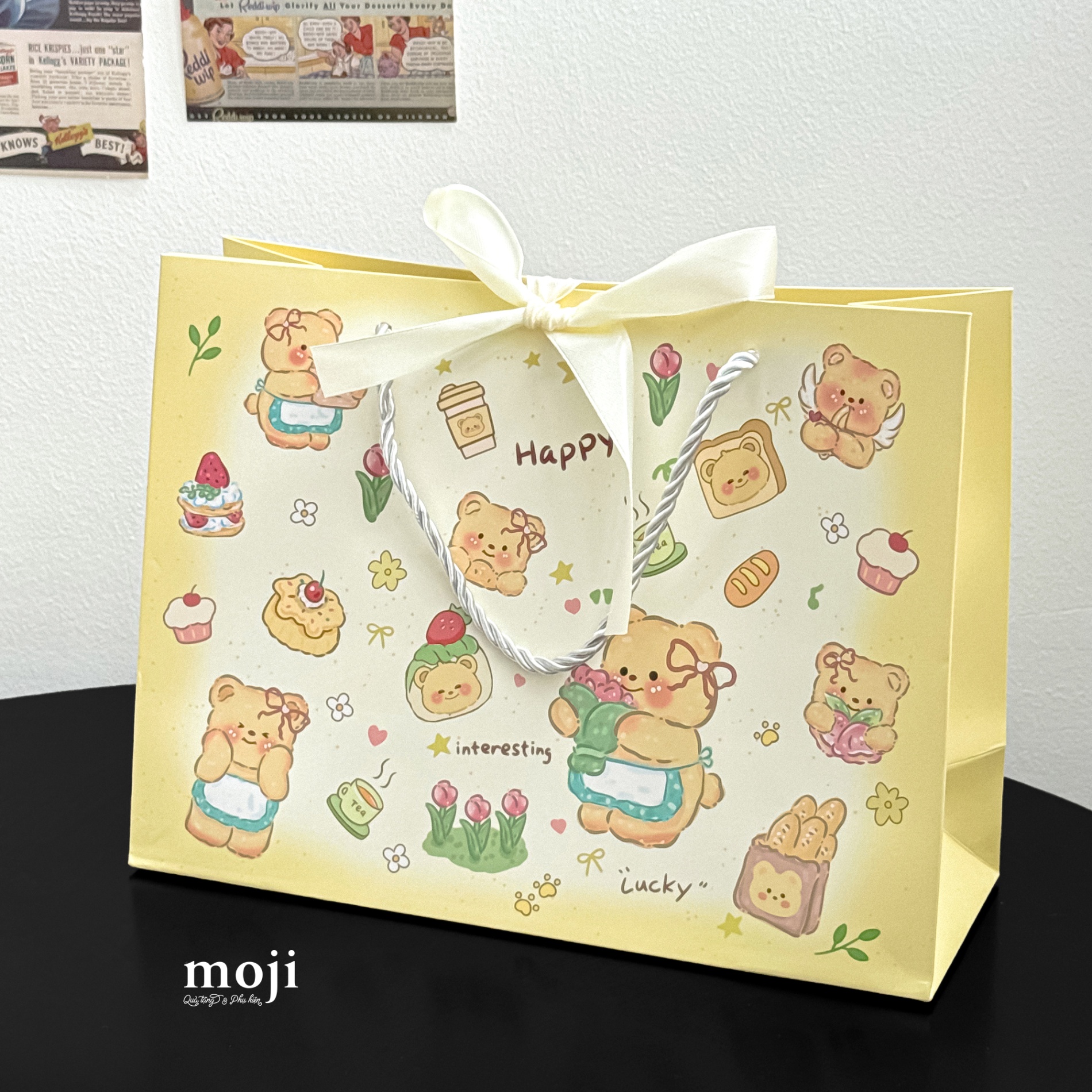 Bao túi quà Butter bear bread flower ruy băng 10x19x25