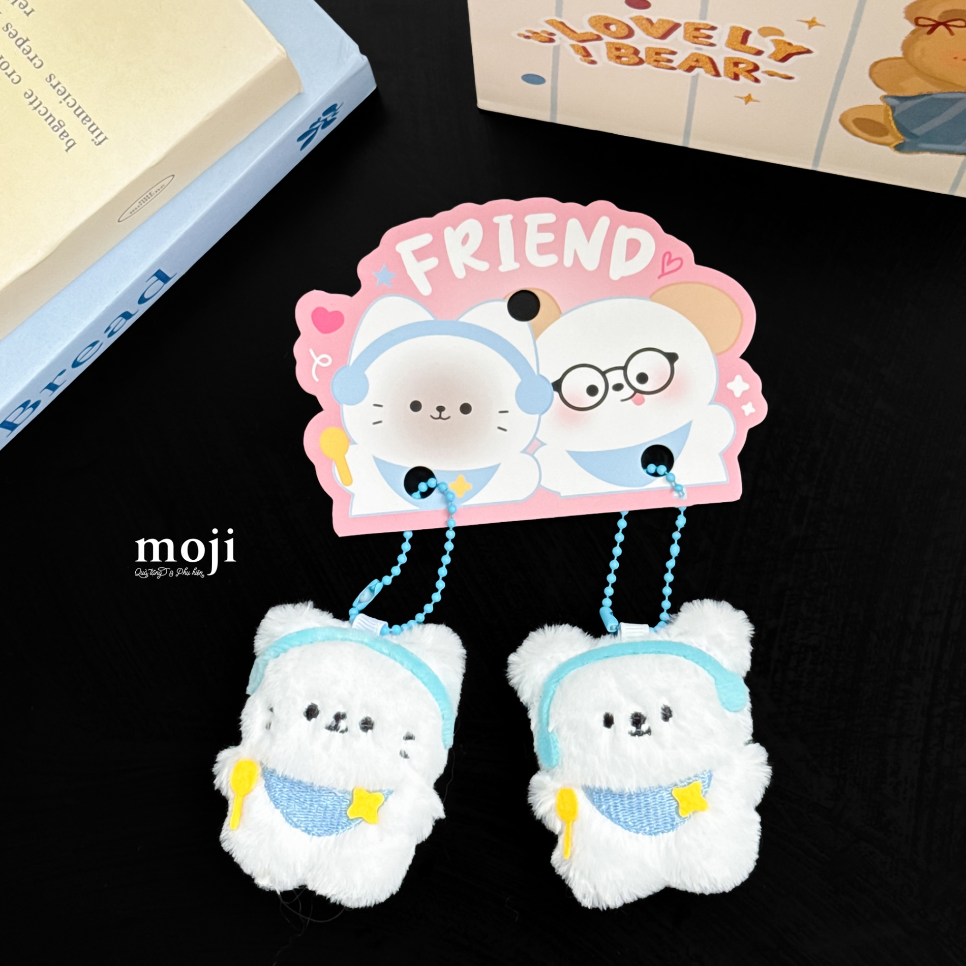 Móc khóa nhồi bông Couple cat dog đeo tai nghe cầm thìa có tiếng set2