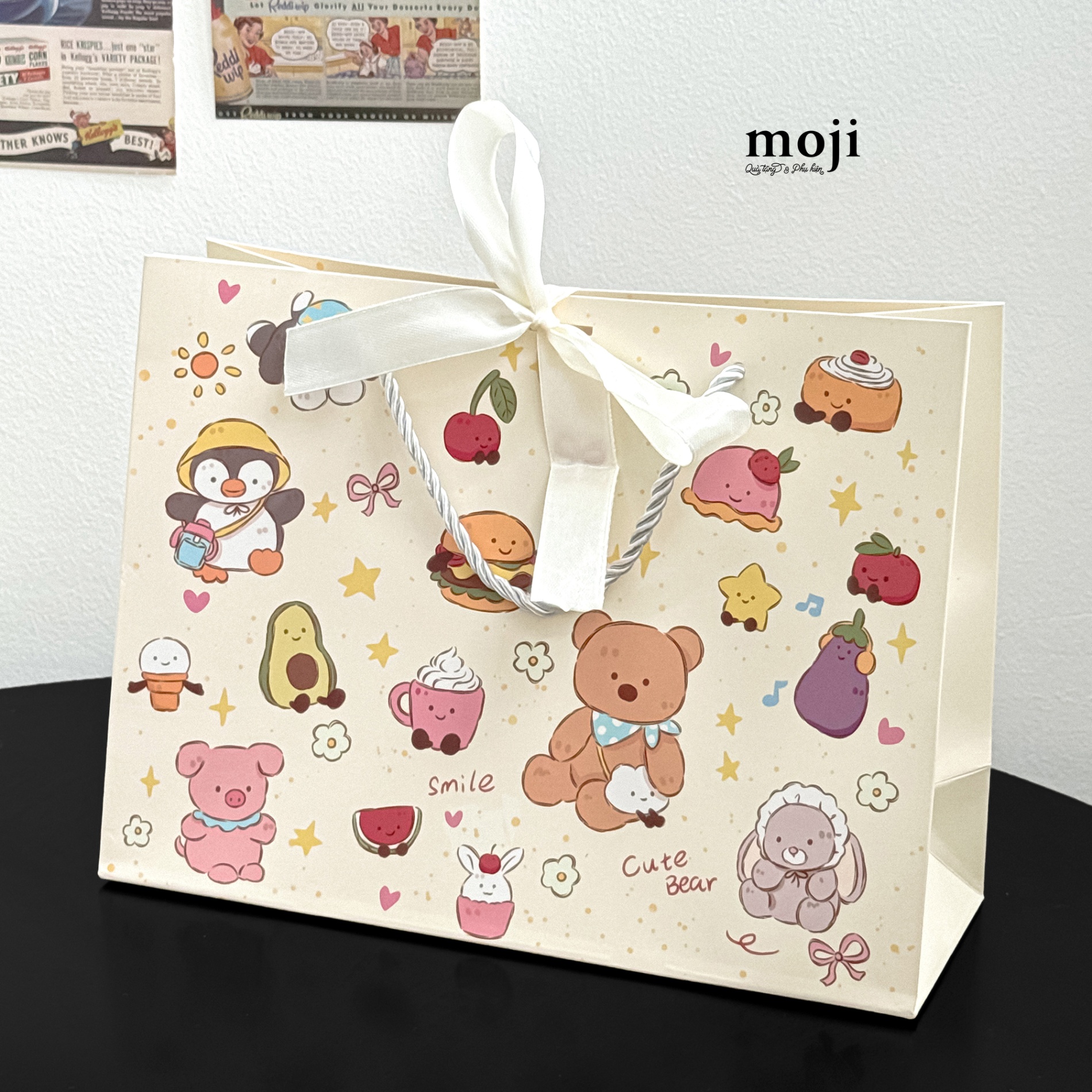 Bao túi quà Cute animal flower fruit food ruy băng 10x19x25