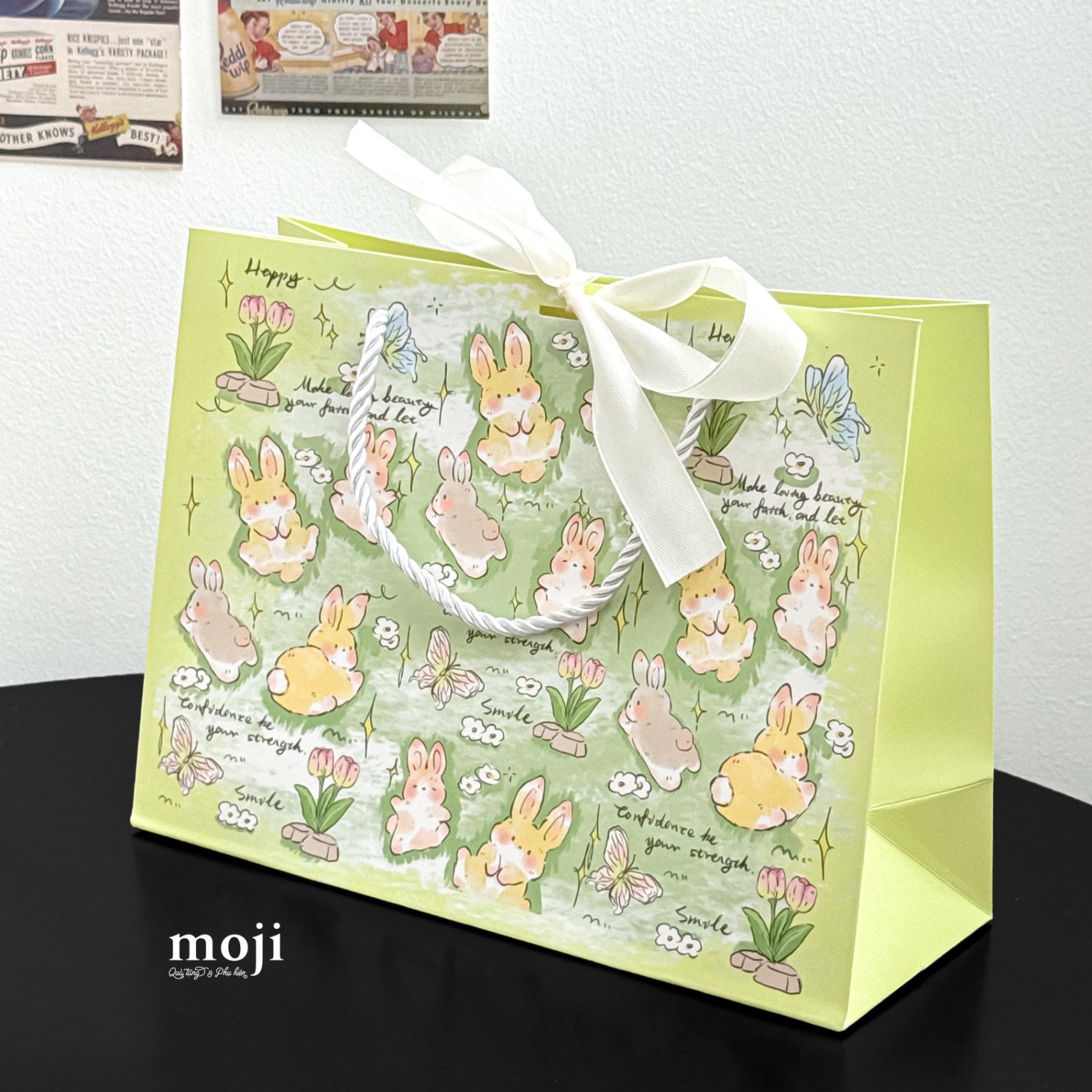 Bao túi quà Rabbit butterfly flower bãi cỏ ruy băng 10x19x25