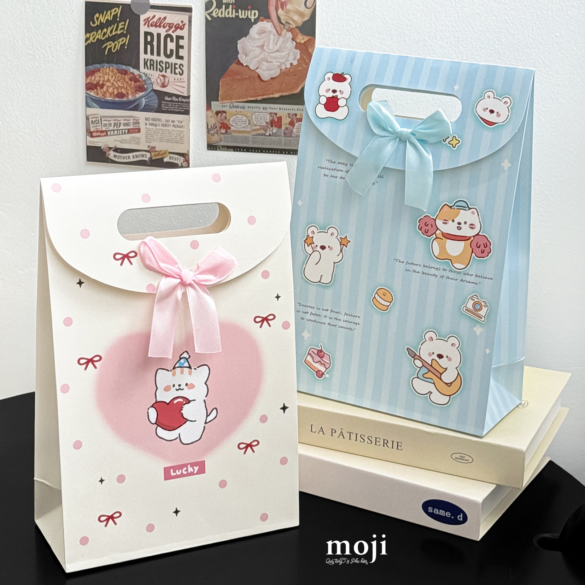 Bao túi quà nắp gập Baby bear cat bow happy time 8x18x27