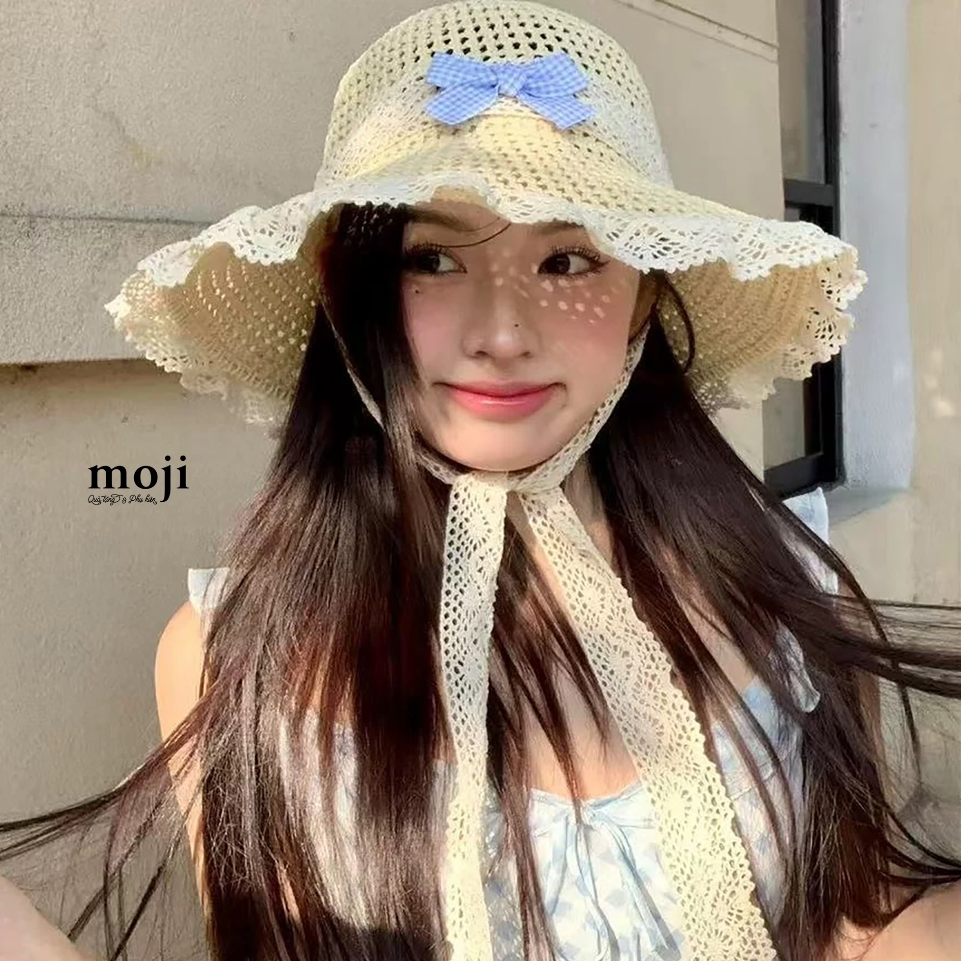 Mũ nón rộng vành Bow nơ kẻ ô viền ren