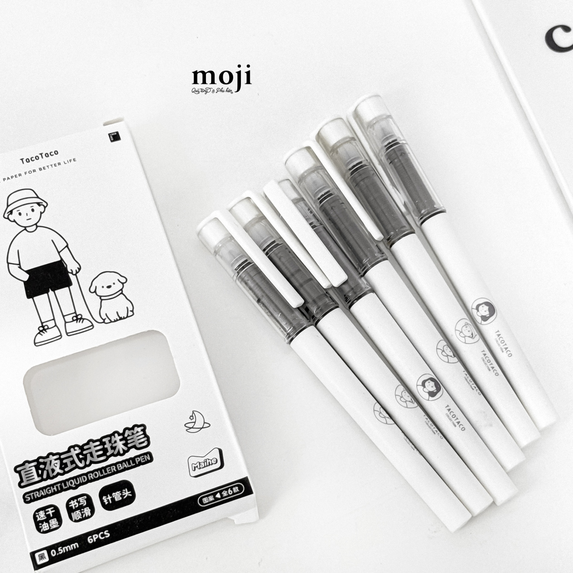 Bút gel set6 mực đen TACOTACO little boy girl chân dung tròn