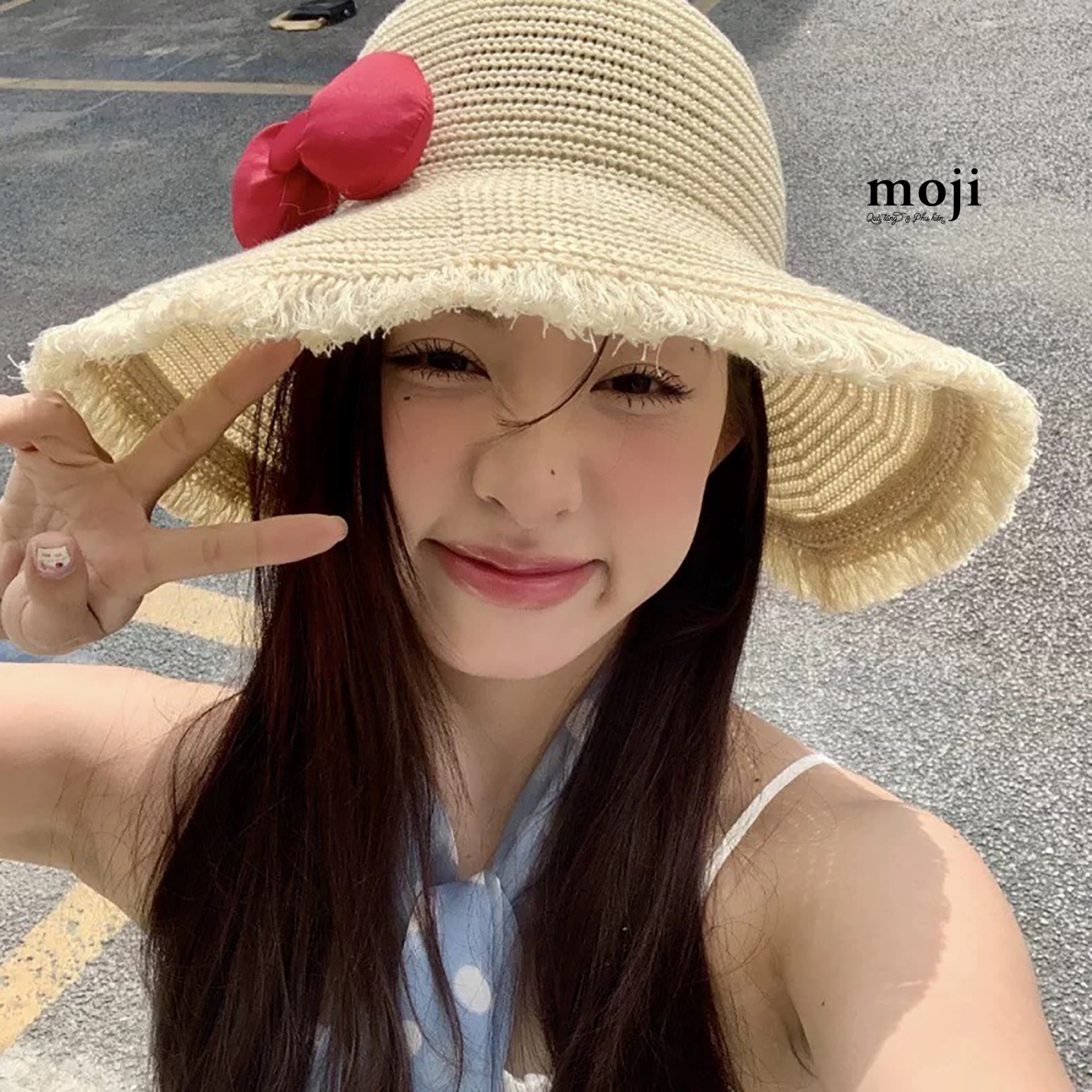 Mũ nón rộng vành Puffy bow nơ viền tua rua