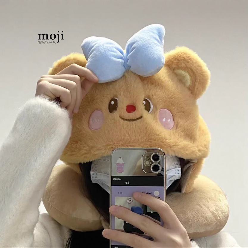 Gấu bông chữ U có mũ Butter bear face má hồng có tai nơ phối màu