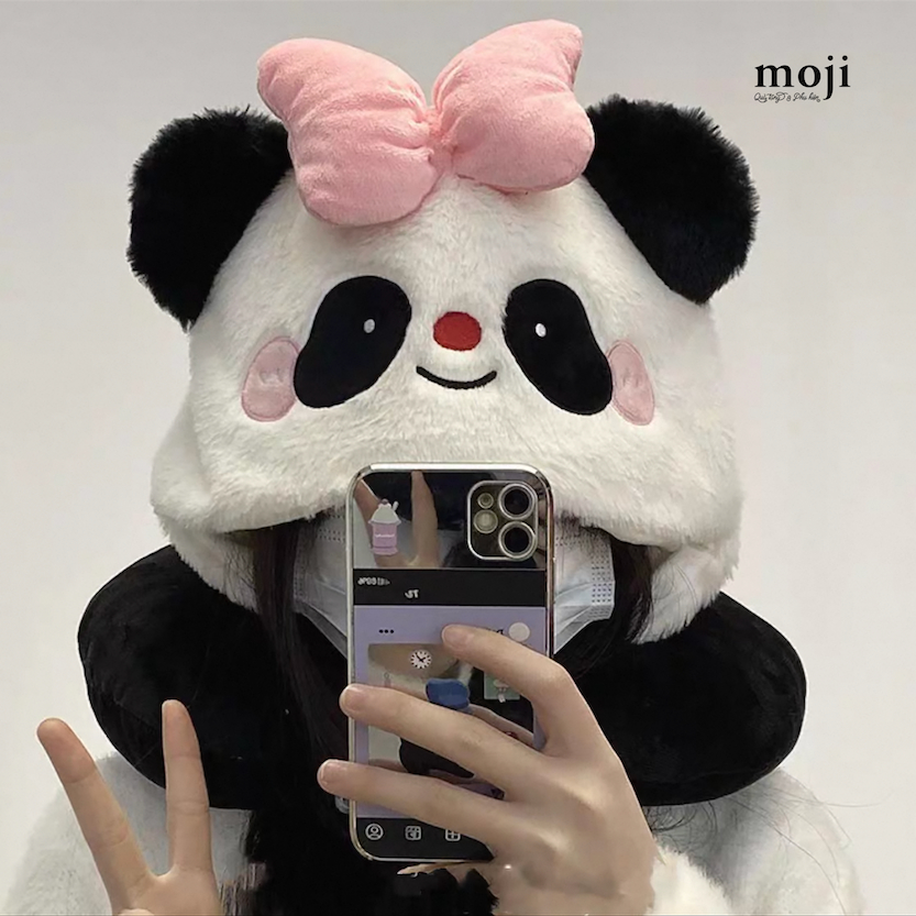 Gấu bông chữ U có mũ Gấu trúc panda bear face má hồng có tai nơ phối màu
