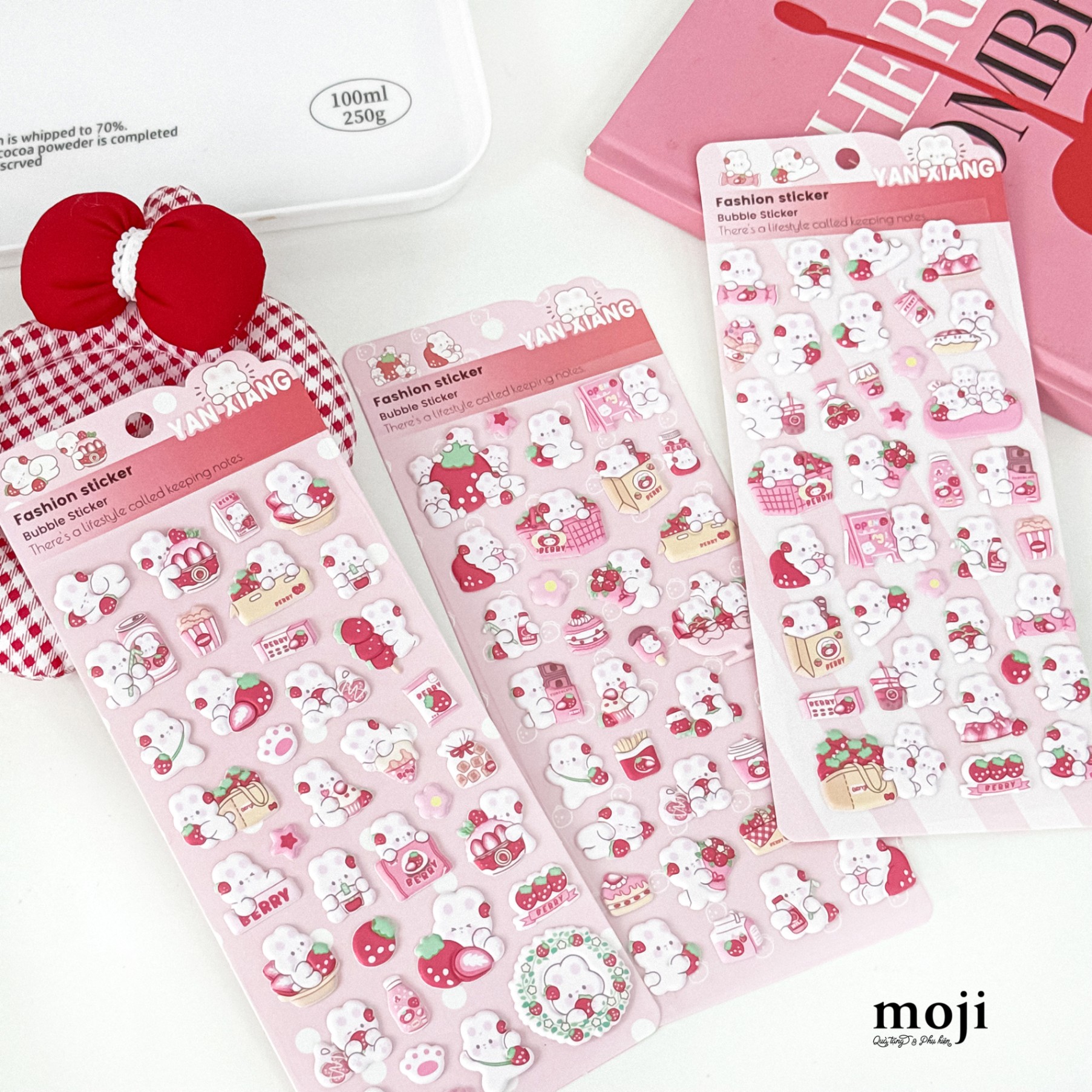 Sticker nổi Rabbit love fruit strawberry màu đục