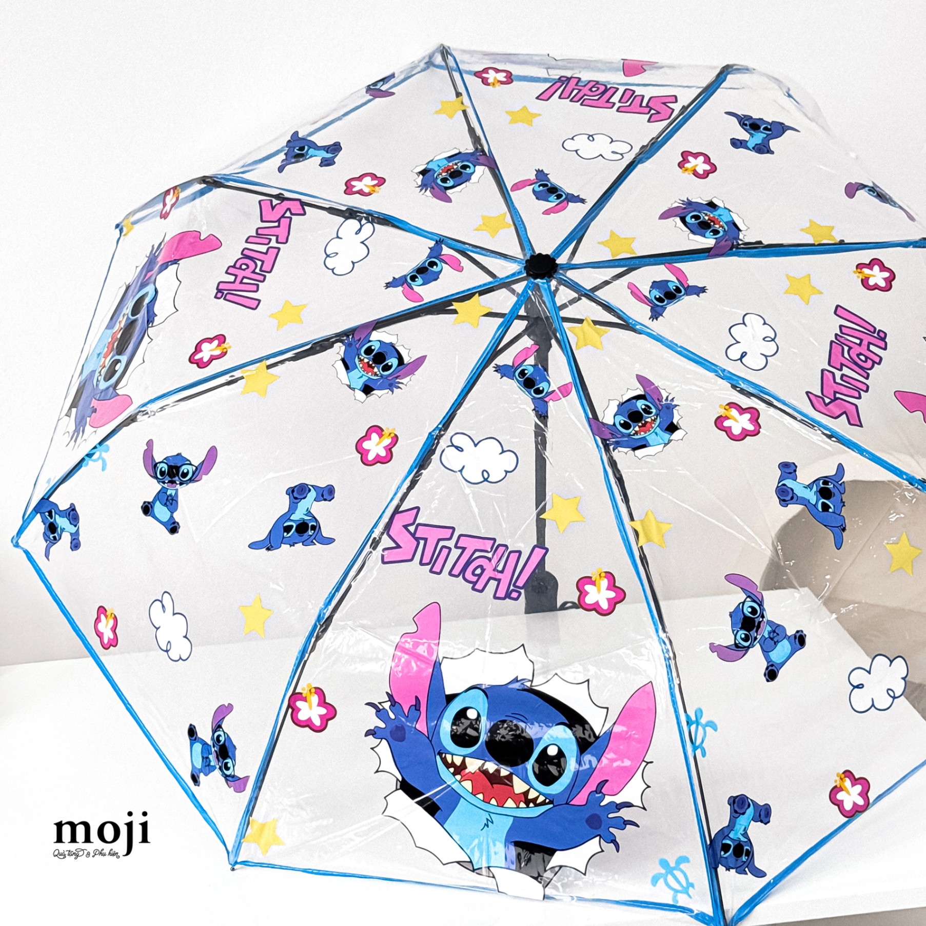 Ô dù trong suốt gập tự động Stitch hoa rùa nhỏ đám mây