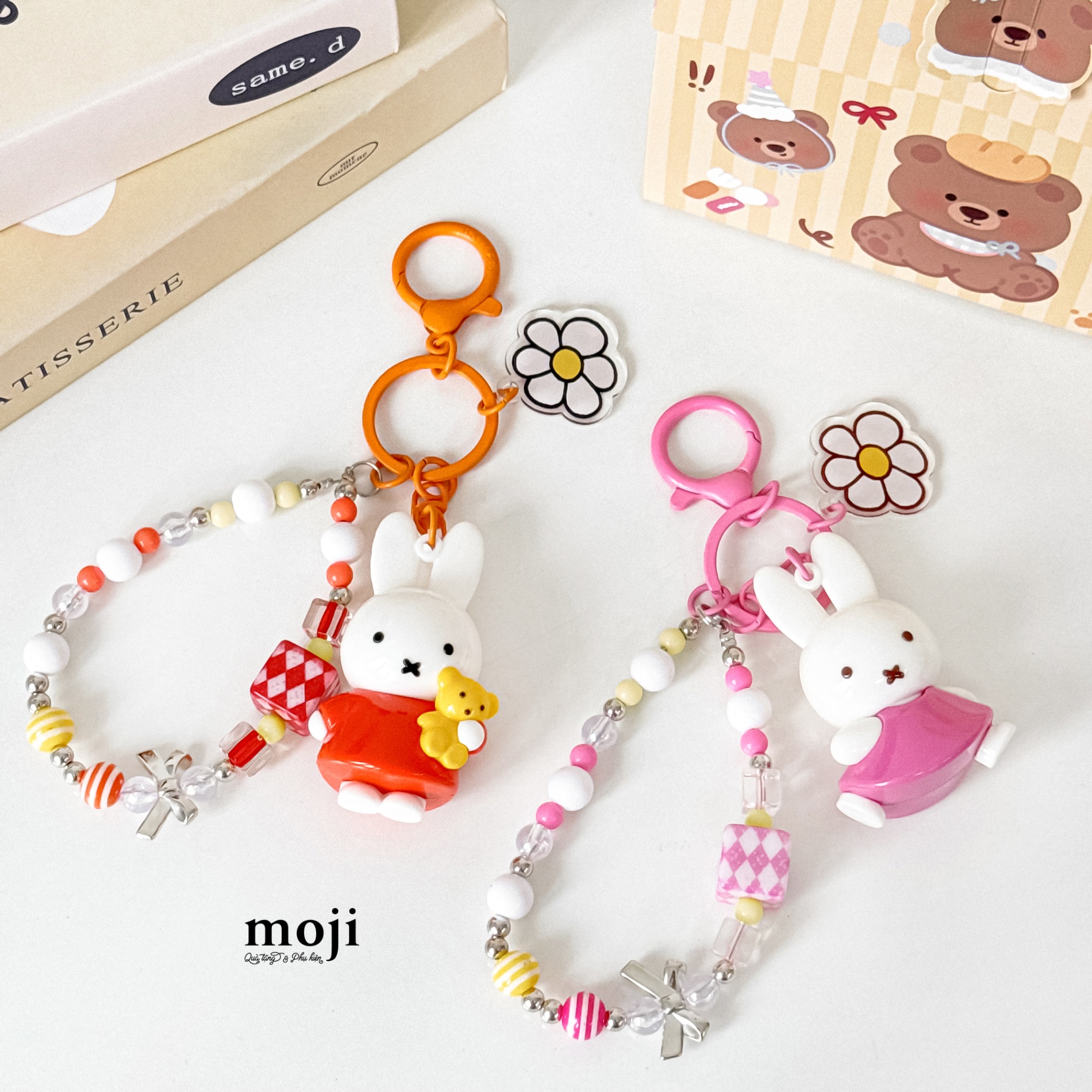 Móc khóa MJ Miffy rabbit flower khối vuông hạt tròn màu sắc