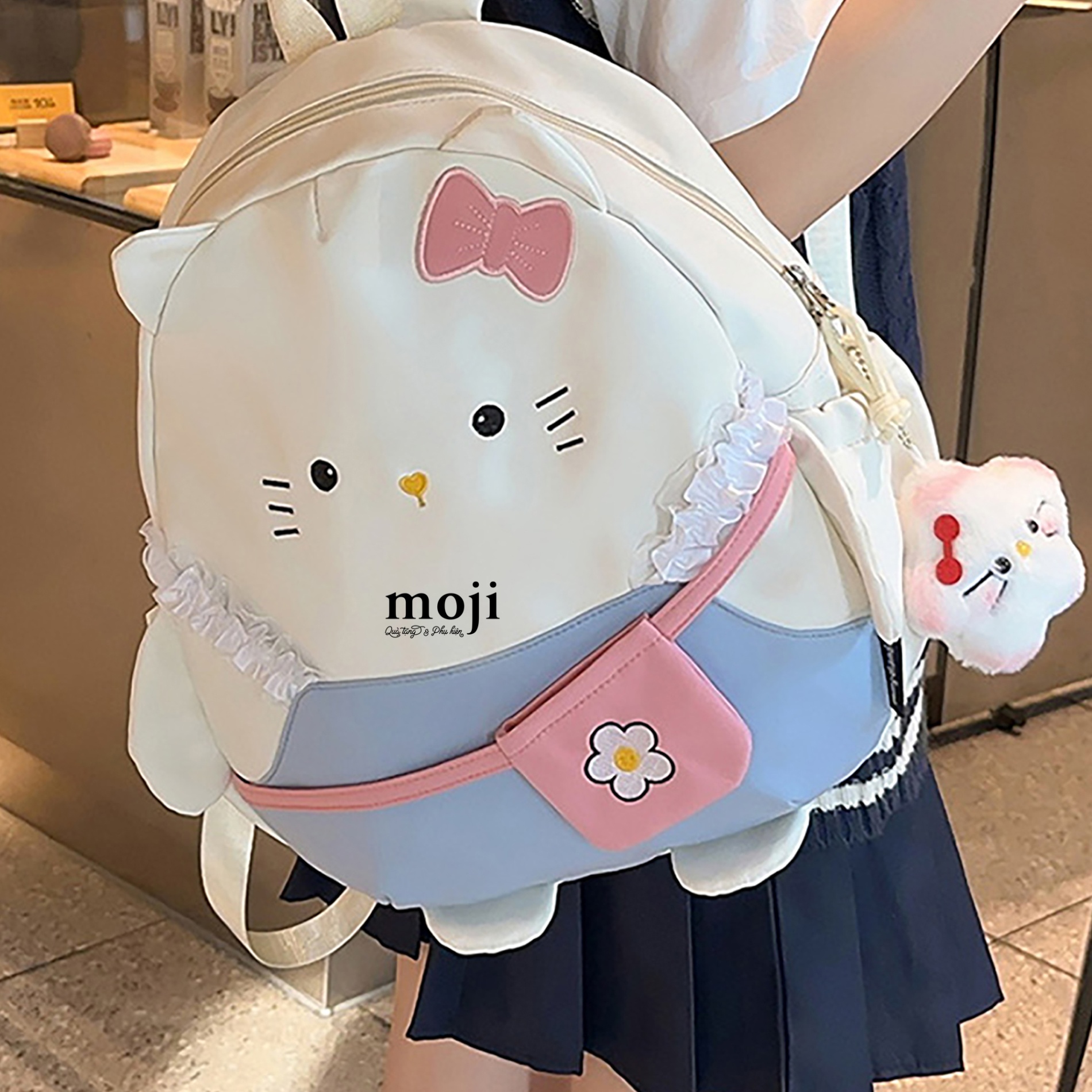 Balo vải Cute cat đeo túi hoa có tai 11x30x34