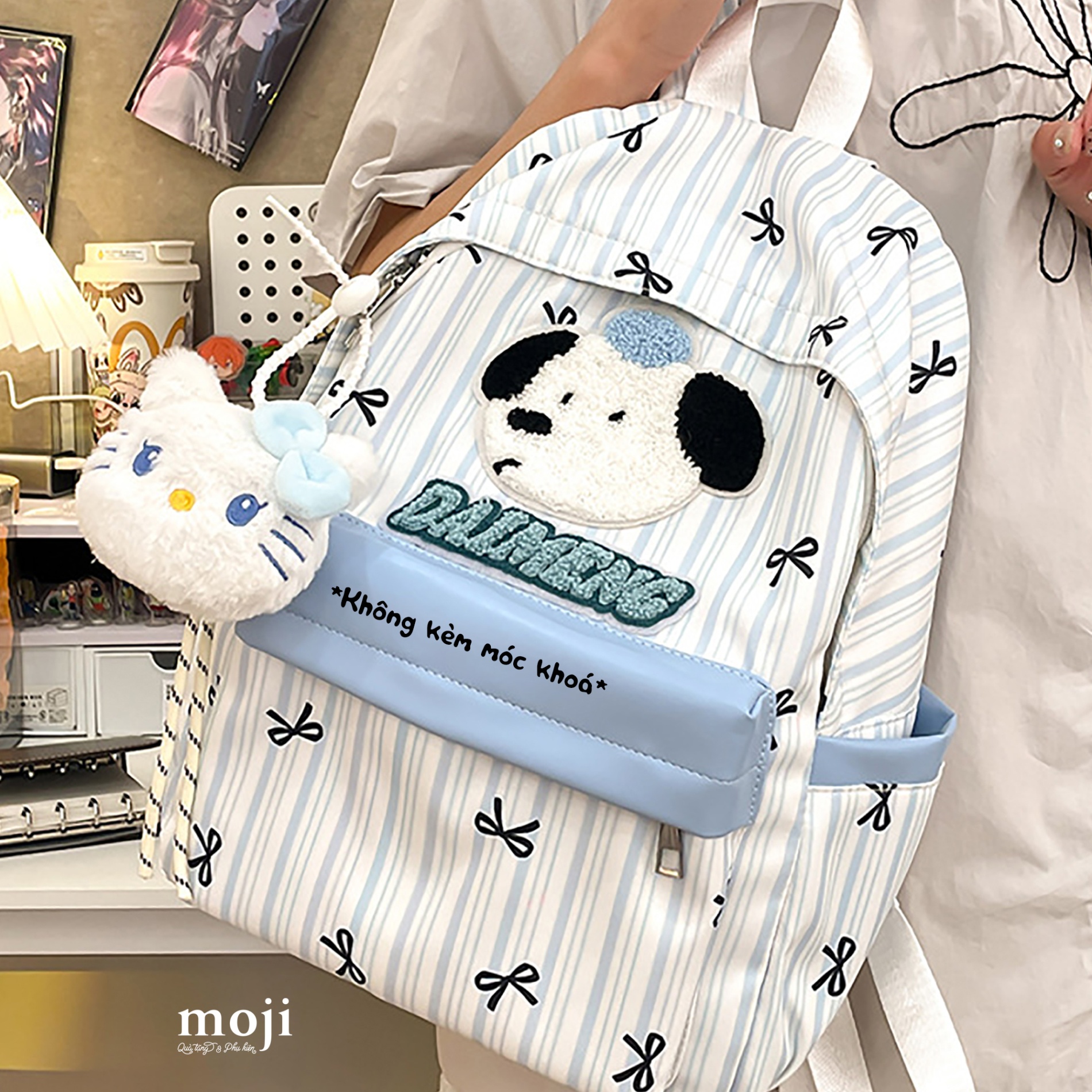 Balo vải Cute dog face nơ nền kẻ học 14x30x42