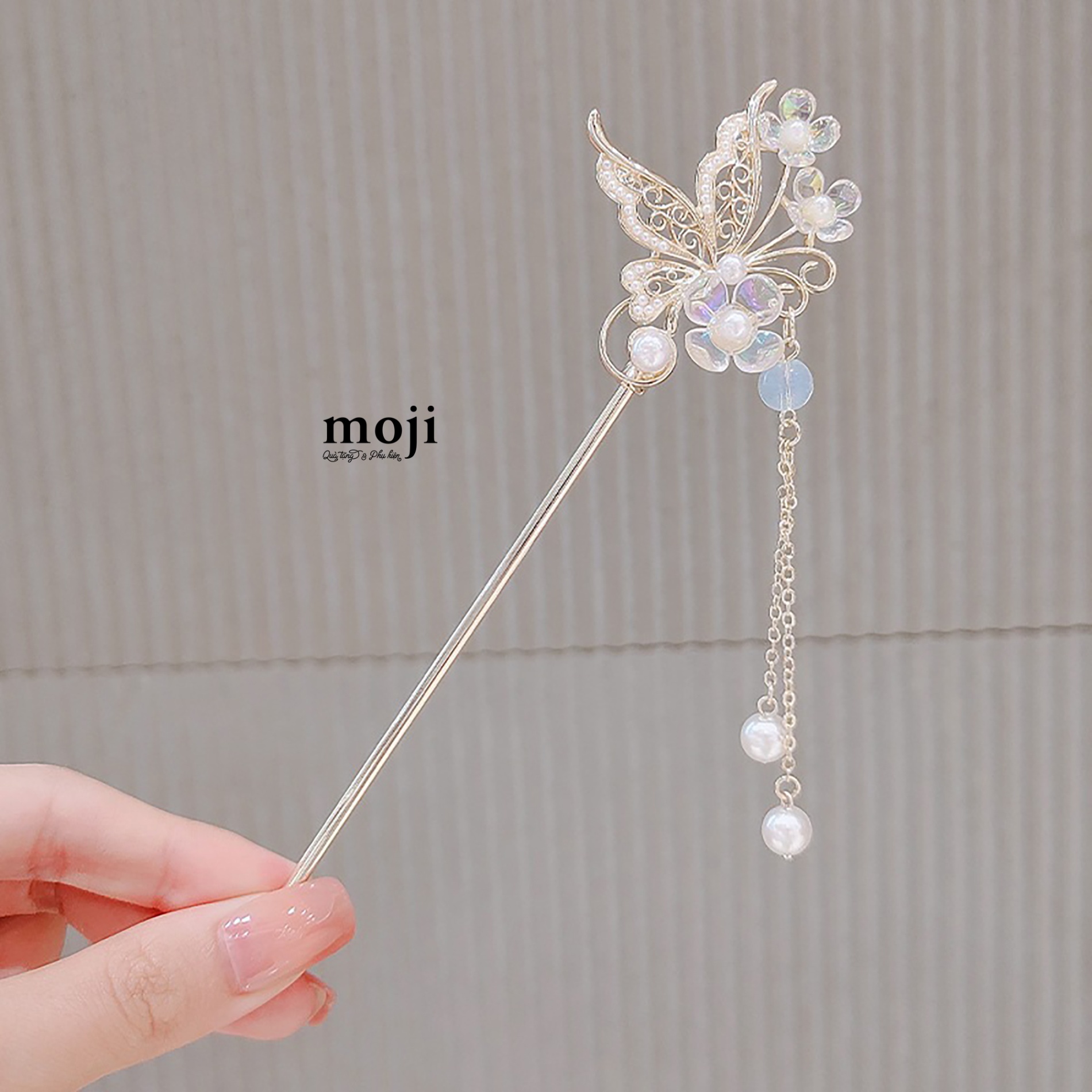 Trâm cài tóc Butterfly flower cánh trong suốt thả ngọc trai