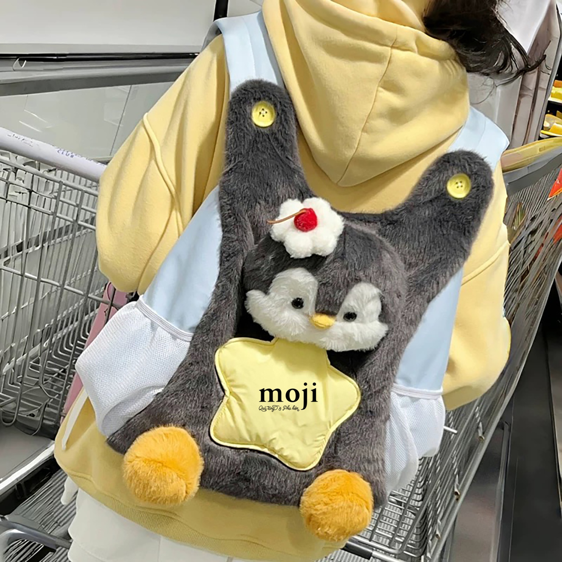 Balo vải lông xù Penguin chim cánh cụt bụng ngôi sao giơ tay chân nổi 13x26x27