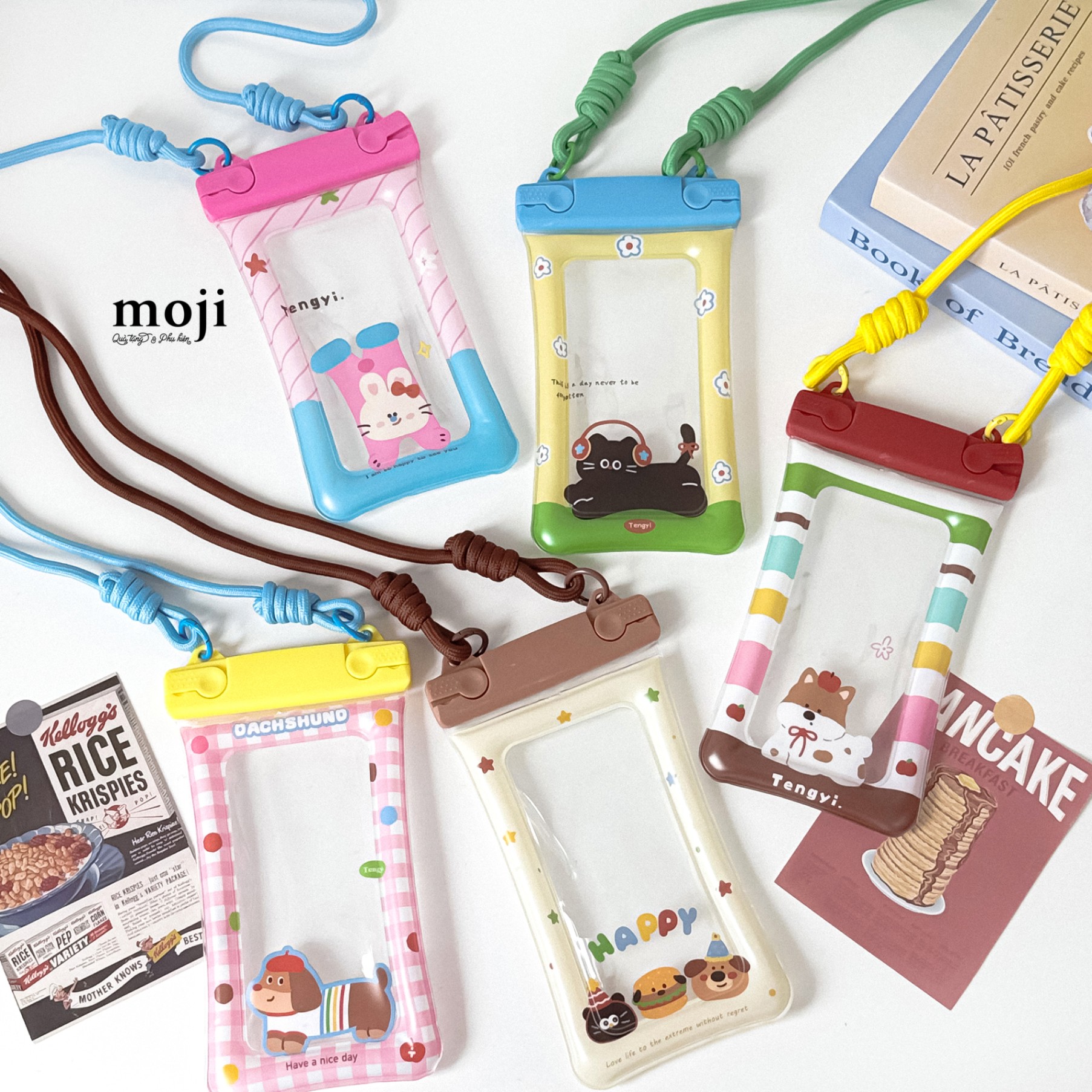 Túi chống nước điện thoại viền phao Cute animal fruit viền màu sắc dây đeo vải dù