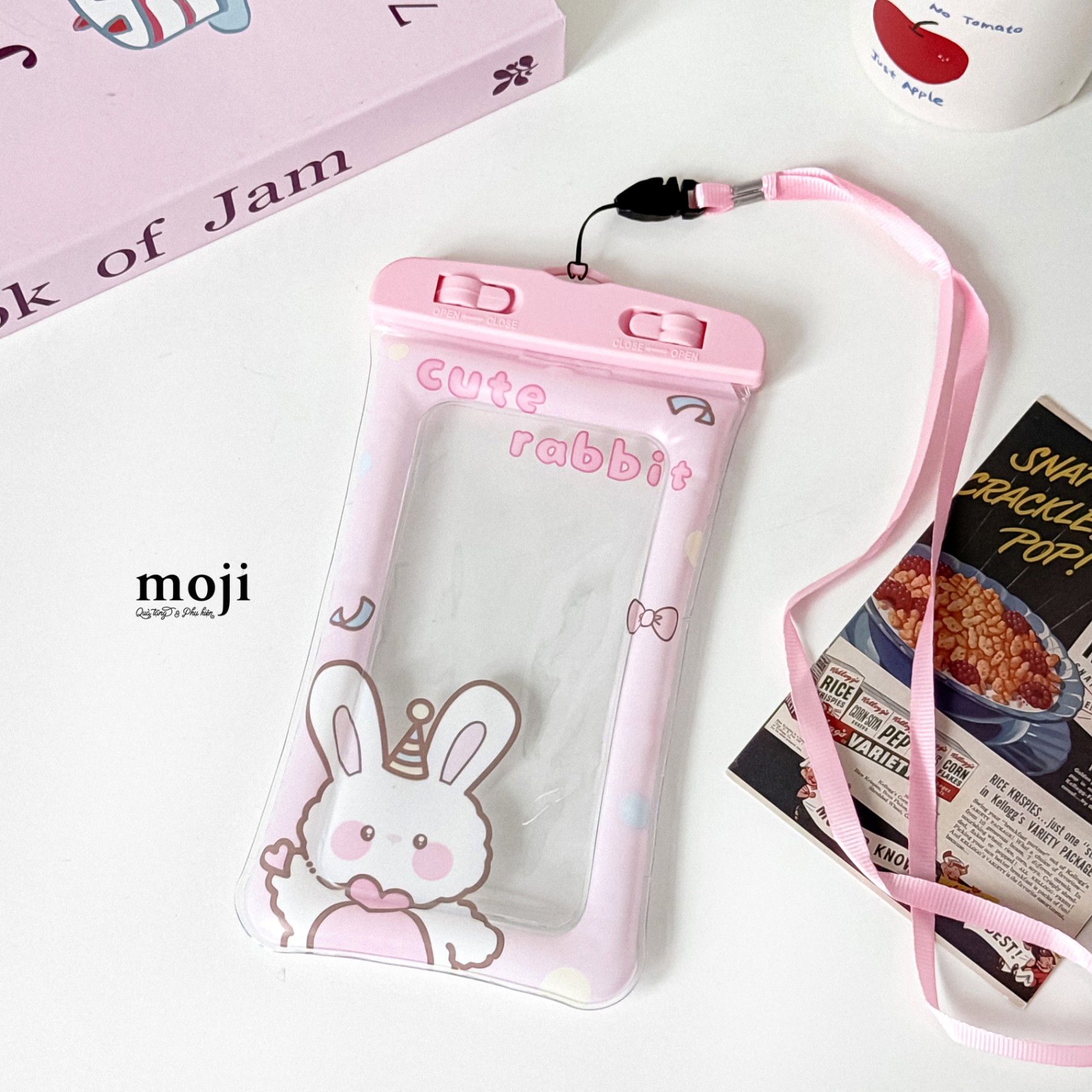 Túi chống nước điện thoại viền phao nơ Cute rabbit má hồng đội mũ