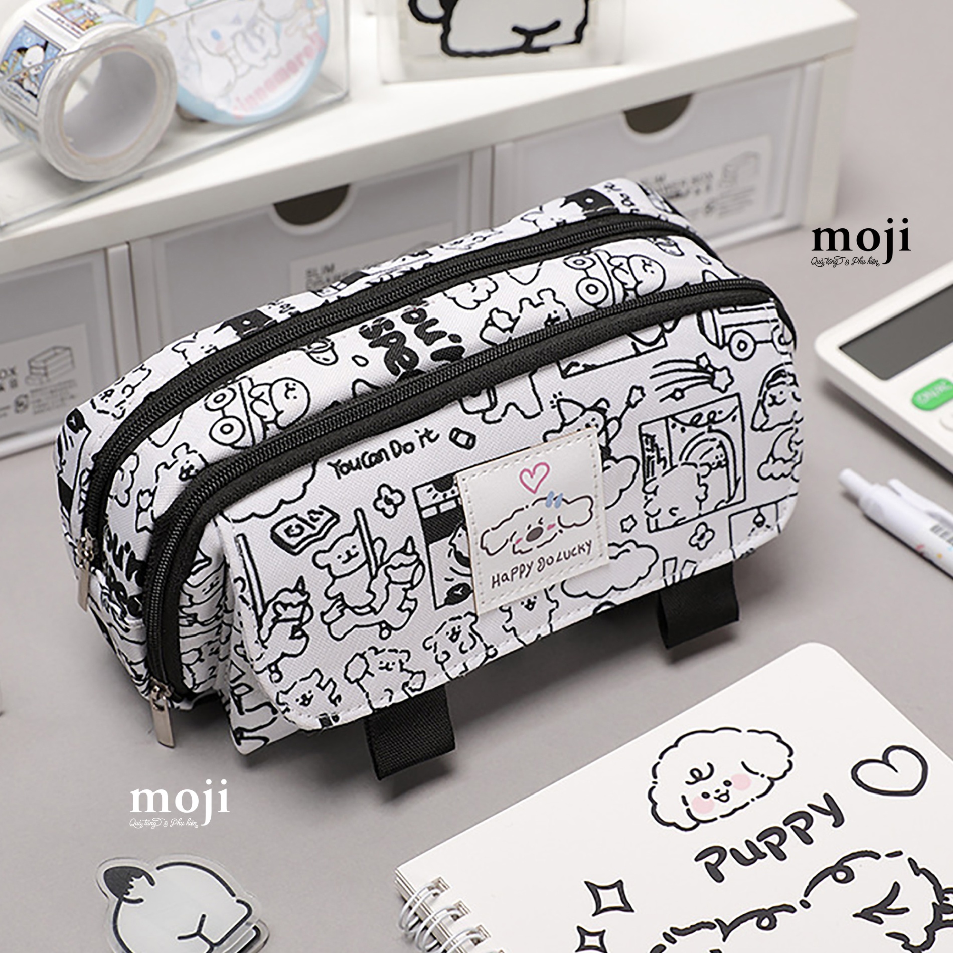 Hộp bút lớn Cute dog you can do it viền đen 10x20