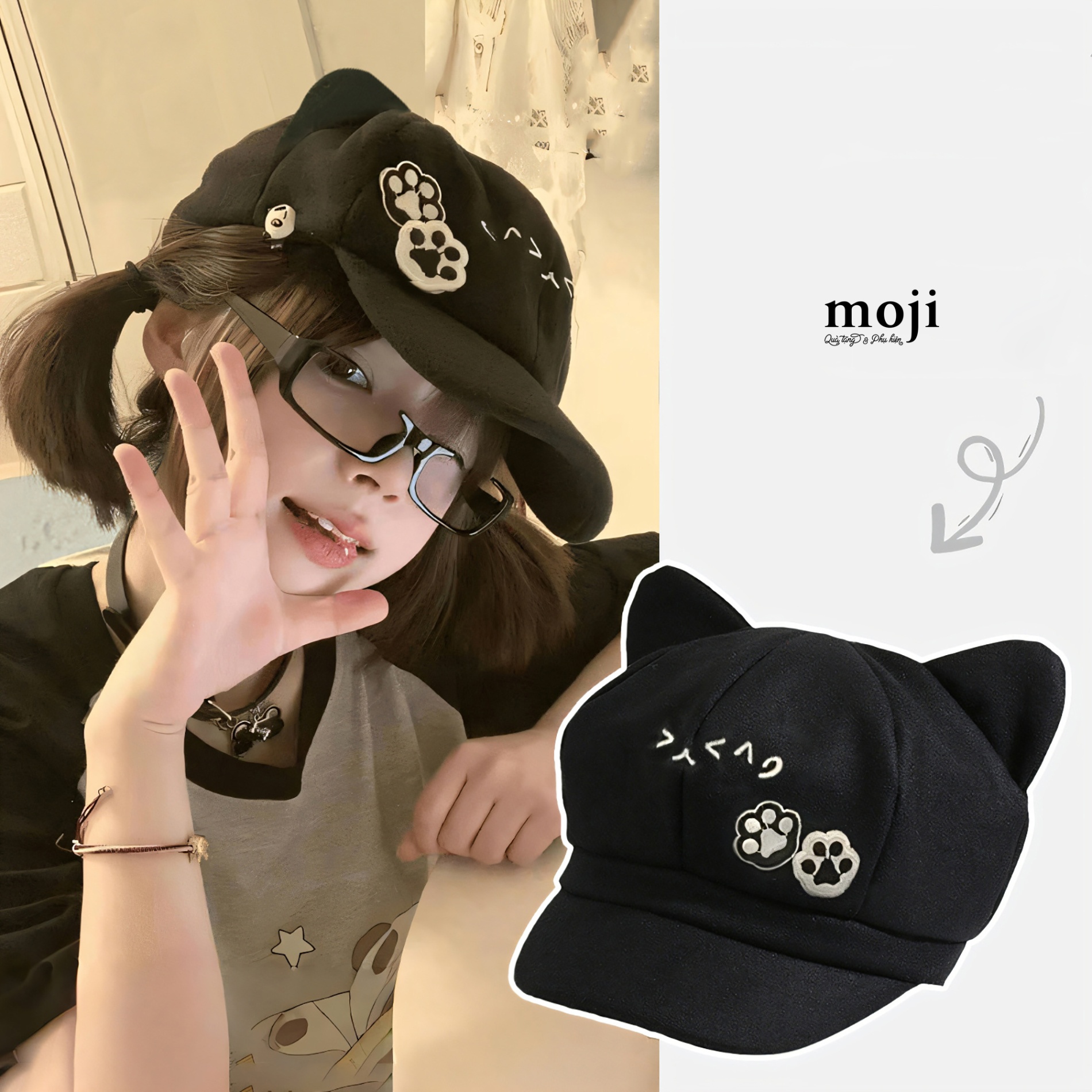 Mũ nón lưỡi trai Cute cat face biểu cảm có tai chân mèo