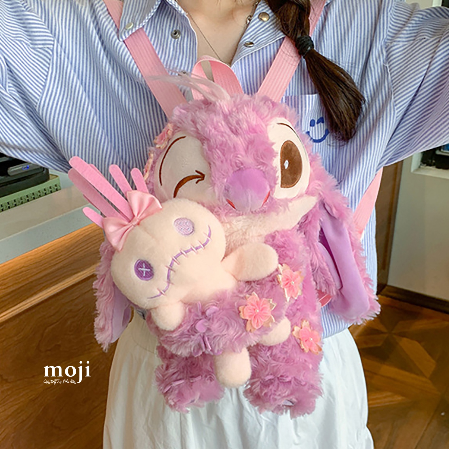 Balo gấu bông Stitch Angel ôm Lilo hoa nhỏ 18x20x28
