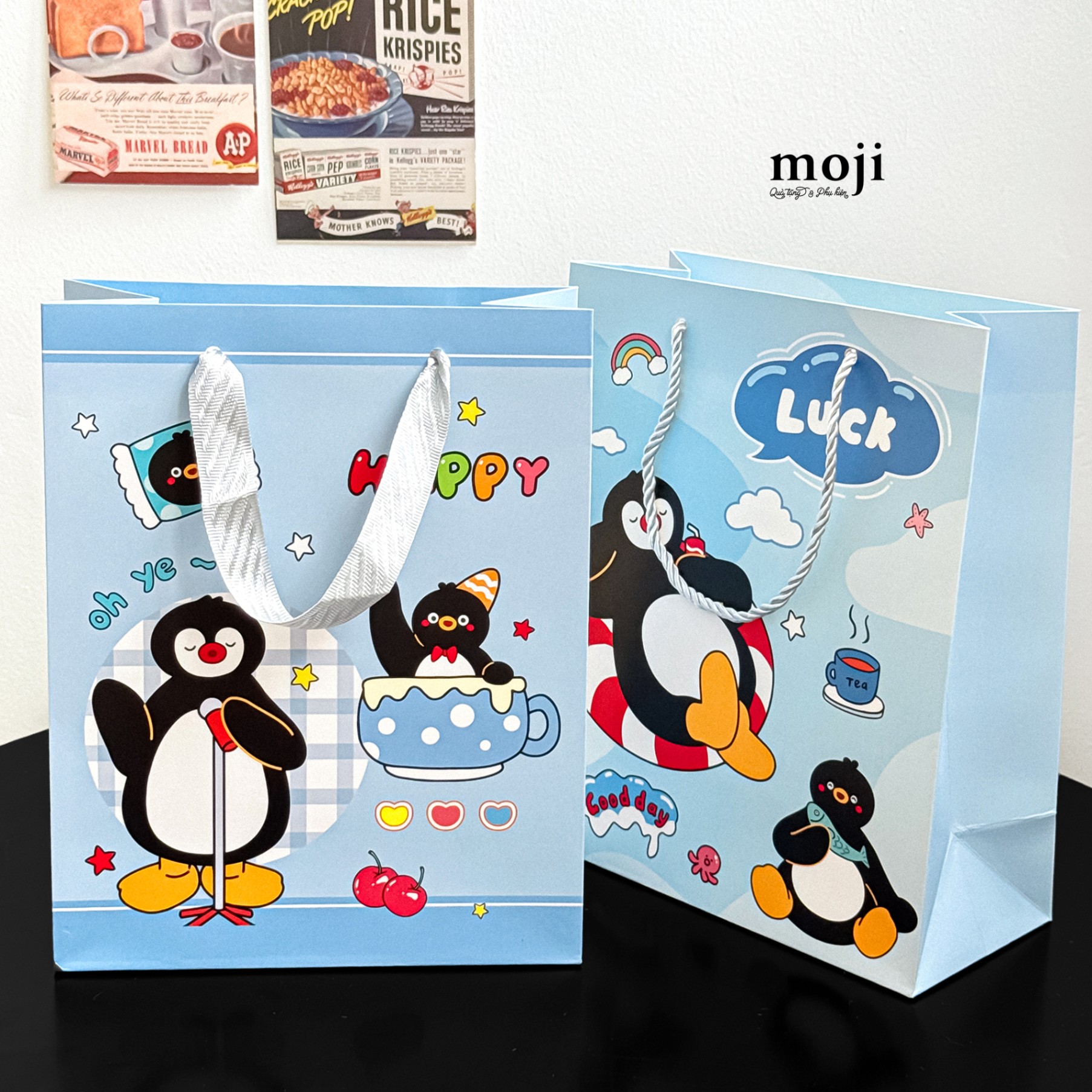 Bao túi quà Penguin chim cánh cụt happy luck good day 10x21x25