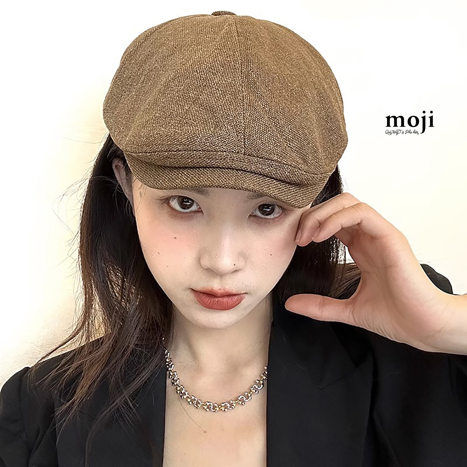 Mũ nón beret lưỡi trai Retro basic vải phối vân đen