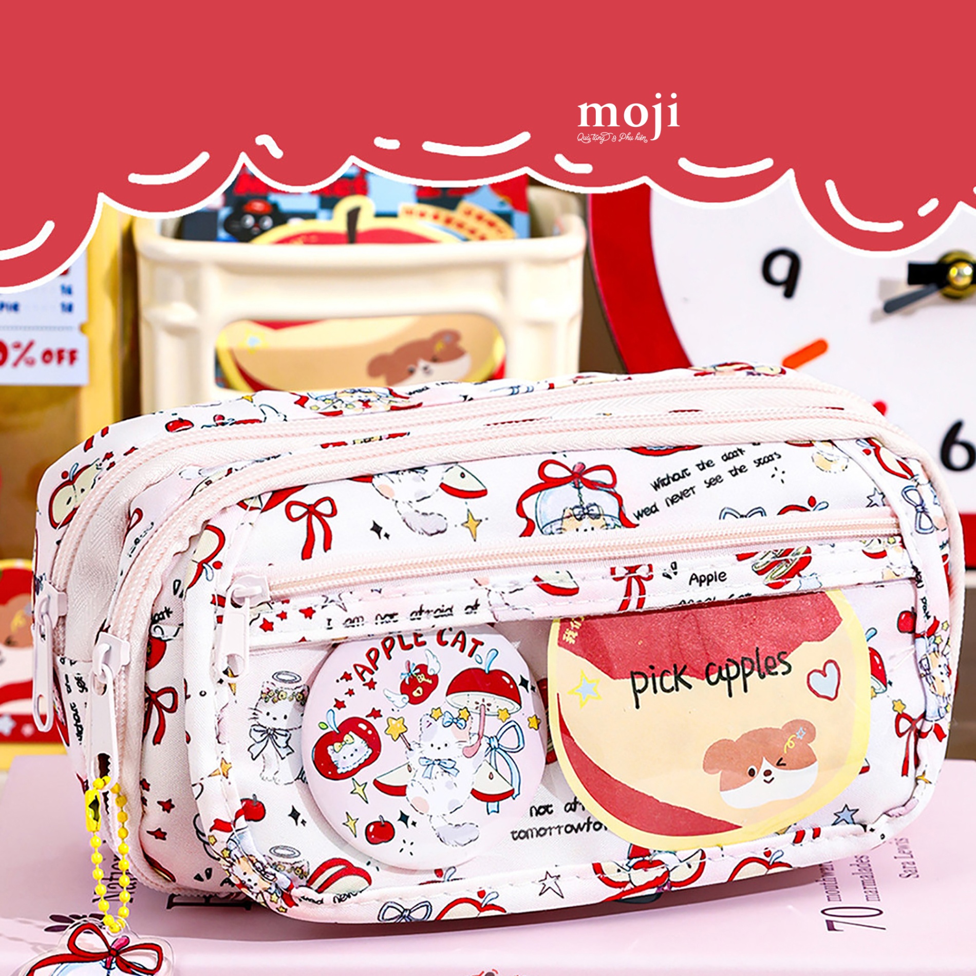 Hộp bút lớn Cat fruit apple nơ dây dài 12x20