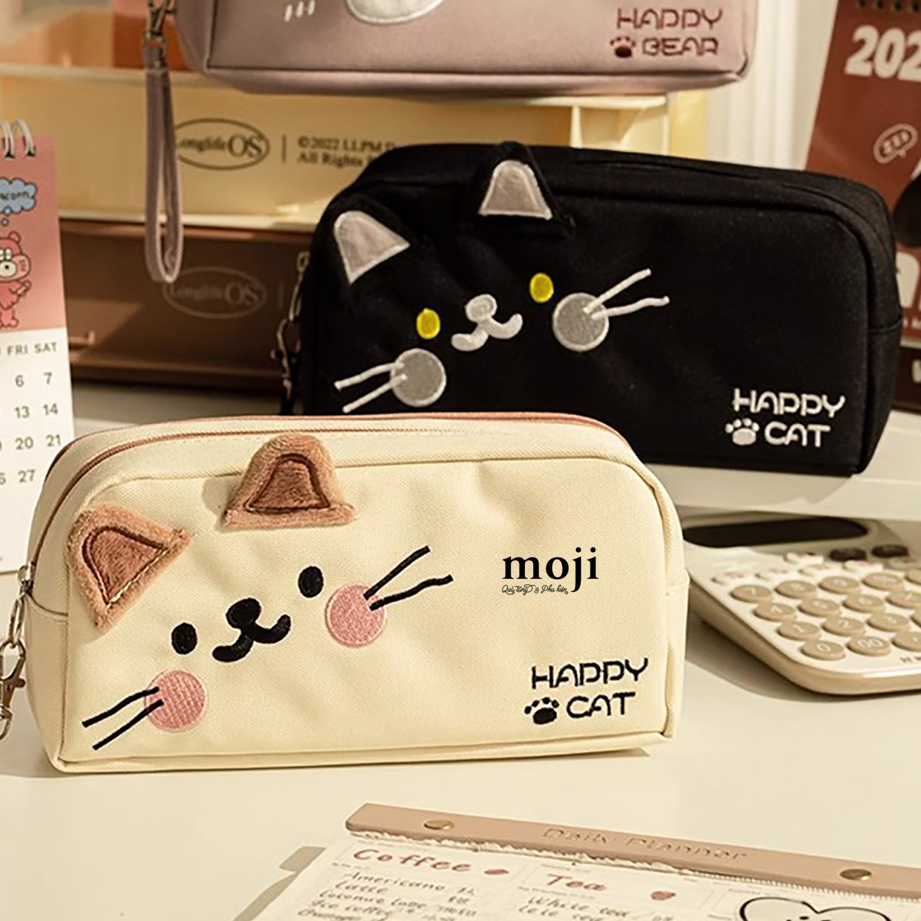 Hộp bút lớn Happy cat má hồng có tai 7x10x22