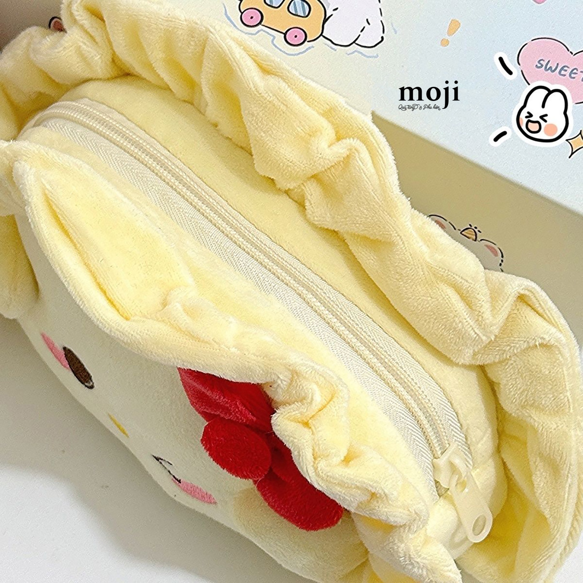 Hộp bút lớn lông xù Food sủi cảo má hồng đeo nơ 5x12x18