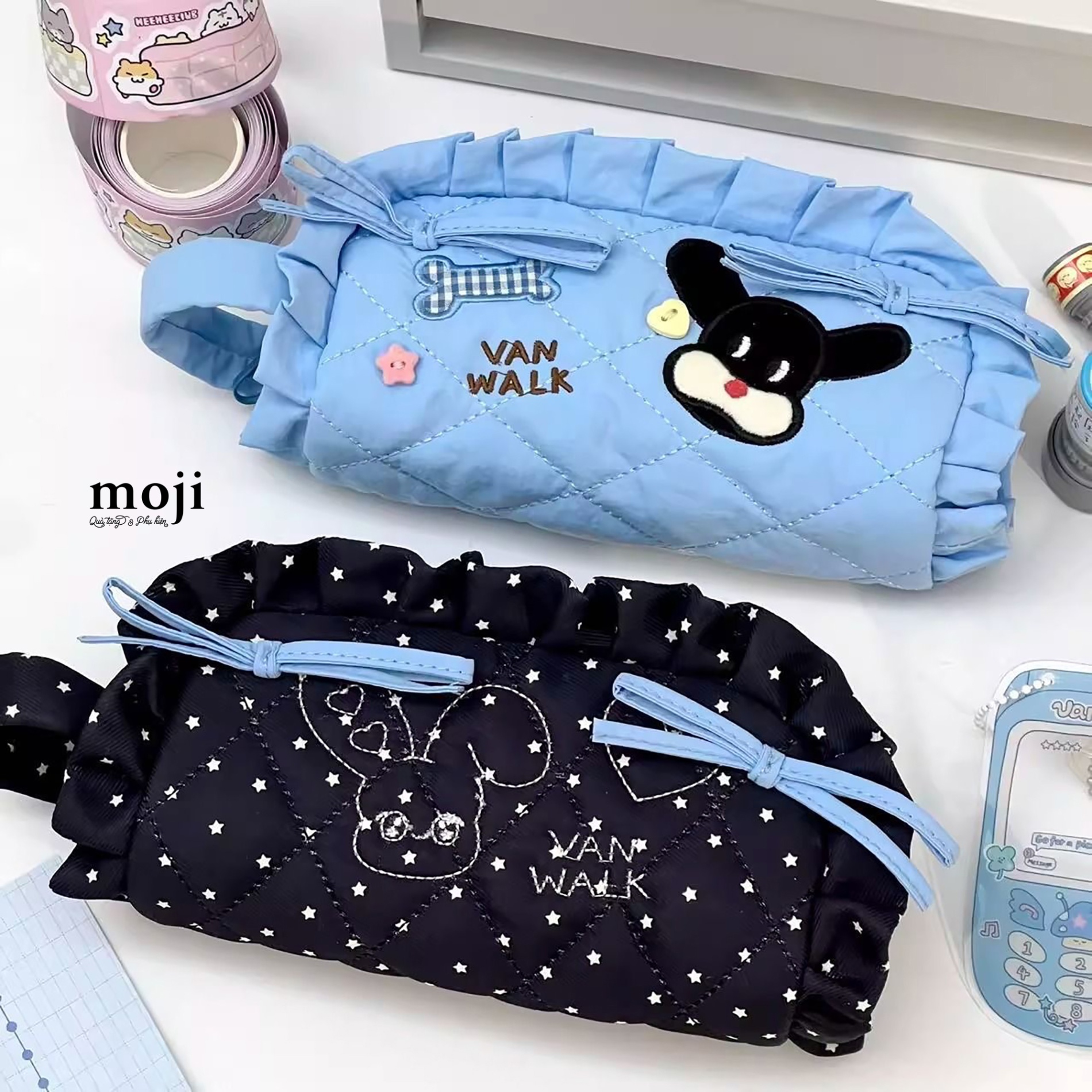 Hộp bút lớn Dog rabbit face walk đính nơ có viền 6x8x19