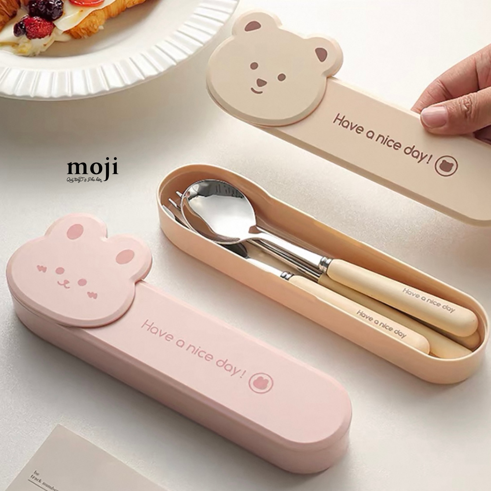 Bộ thìa đũa kim loại Baby bear rabbit big face have a nice day