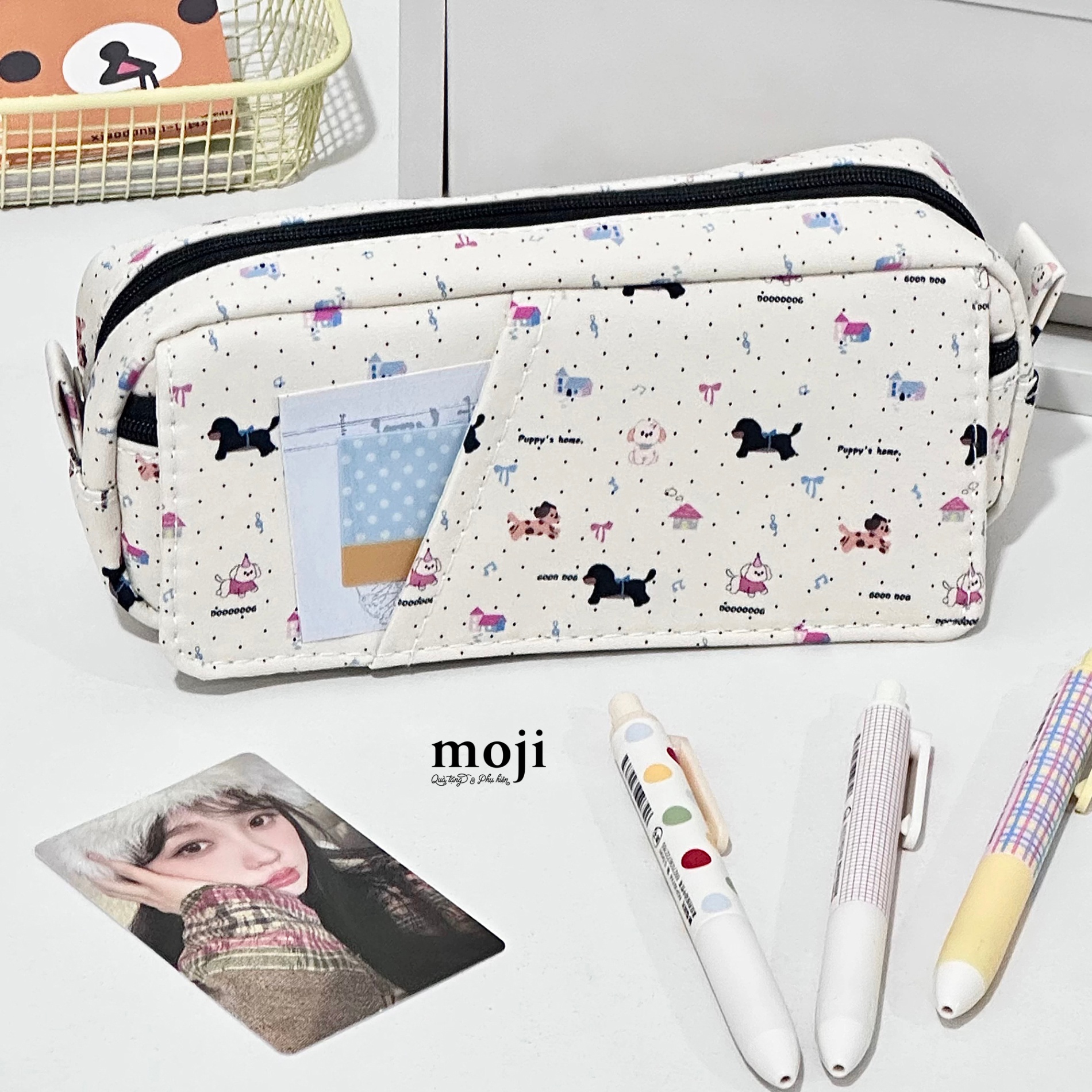 Hộp bút lớn Puppy home good dog nơ nhỏ chấm bi 7x8x20