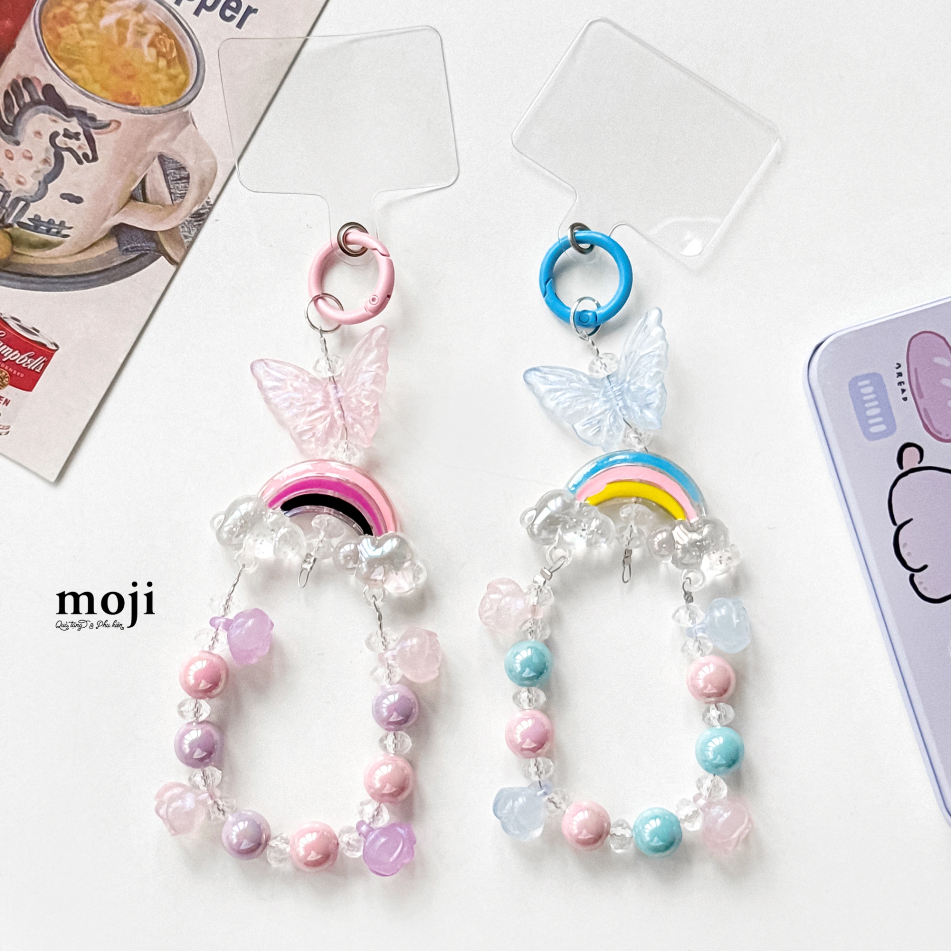 Dây đeo điện thoại Butterfly rainbow flower hạt tròn lớn kèm phụ kiện