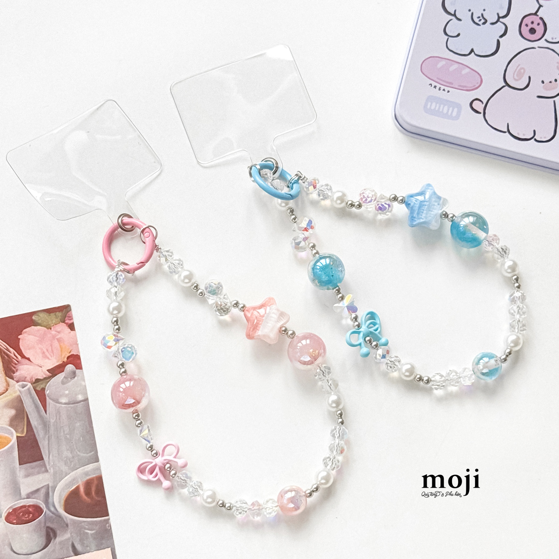 Dây đeo điện thoại Star bow hạt tròn nhiều kích cỡ kèm phụ kiện