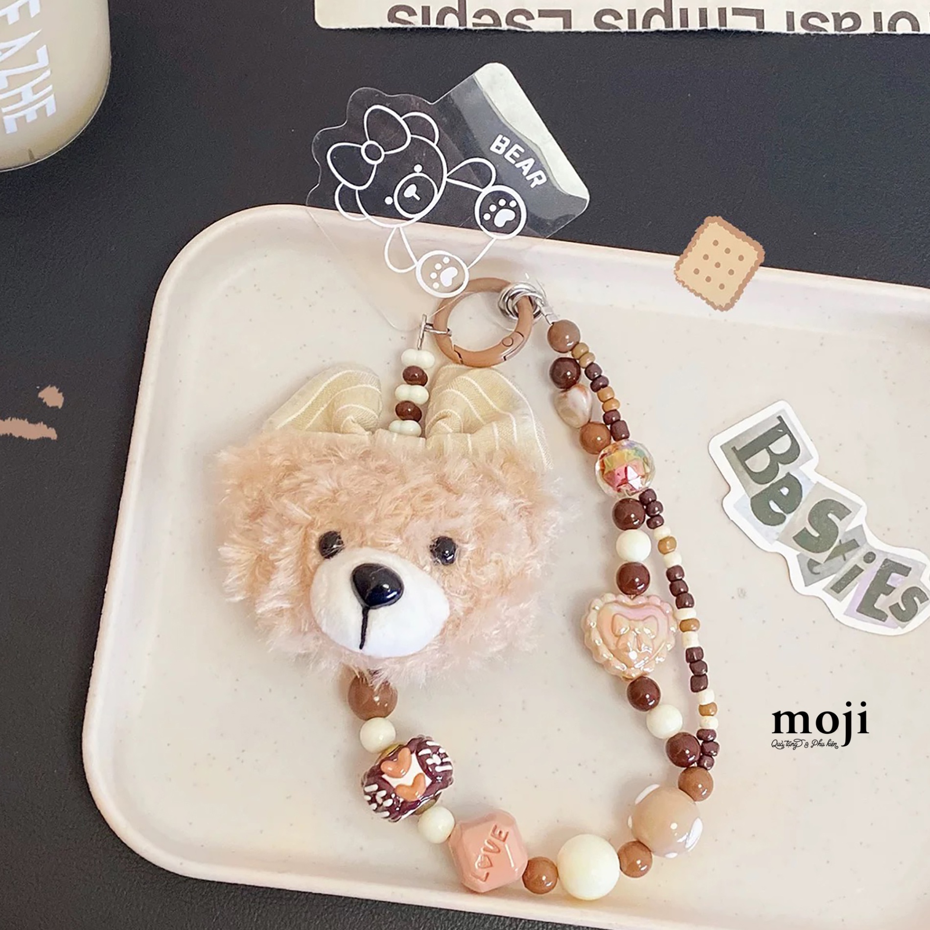 Dây đeo điện thoại Baby bear face nhồi bông đeo nơ kẻ trái tim kèm phụ kiện