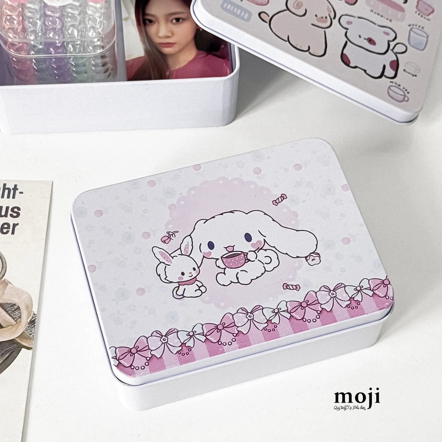 Hộp đa năng mini kim loại Sanrio family Cinnamoroll tea time bow flower 4x9x12
