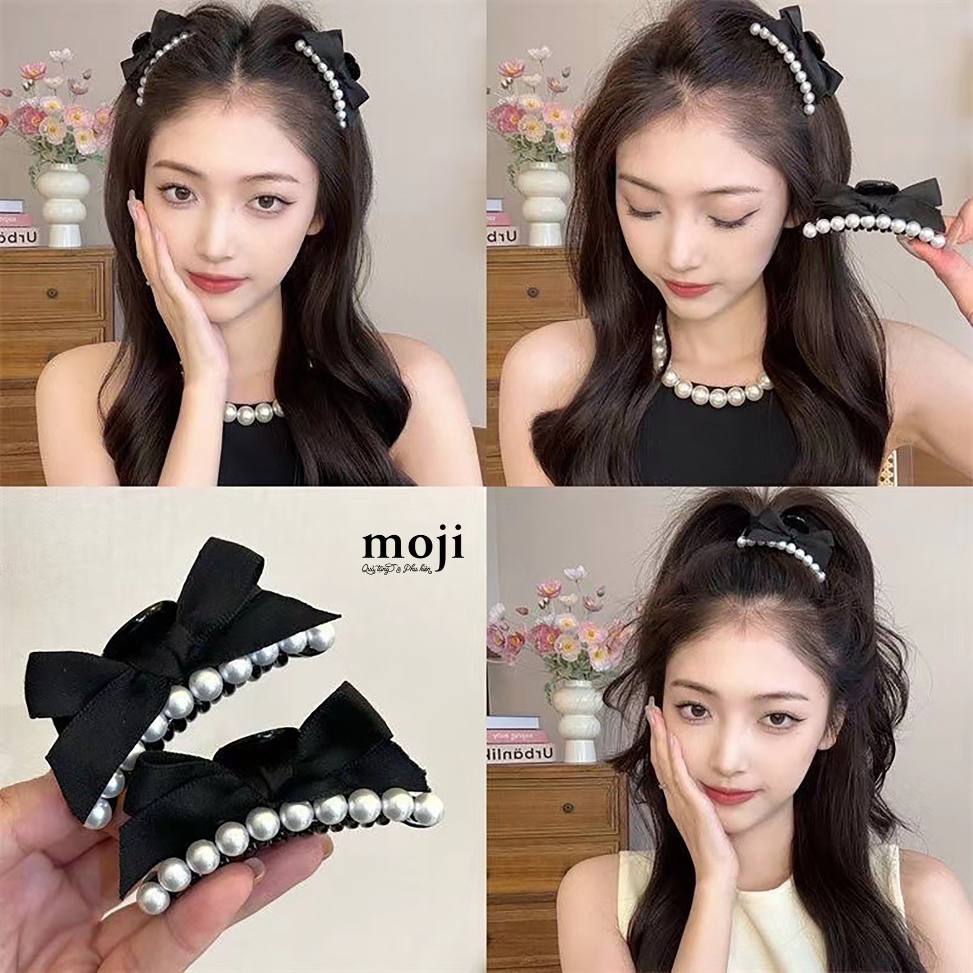 Kẹp tóc càng cua Bow nơ viền ngọc trai