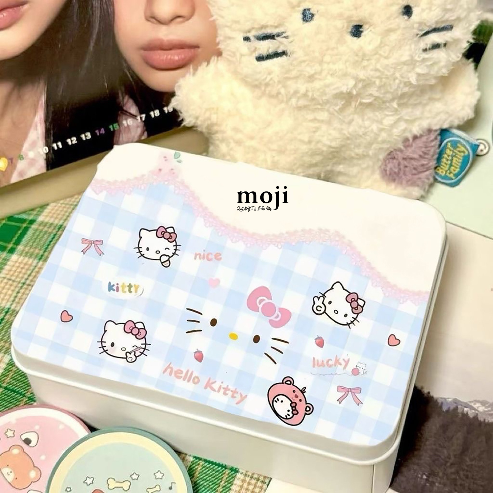 Hộp đa năng mini kim loại Sanrio family Hello Kitty face nền kẻ ô 4x9x12