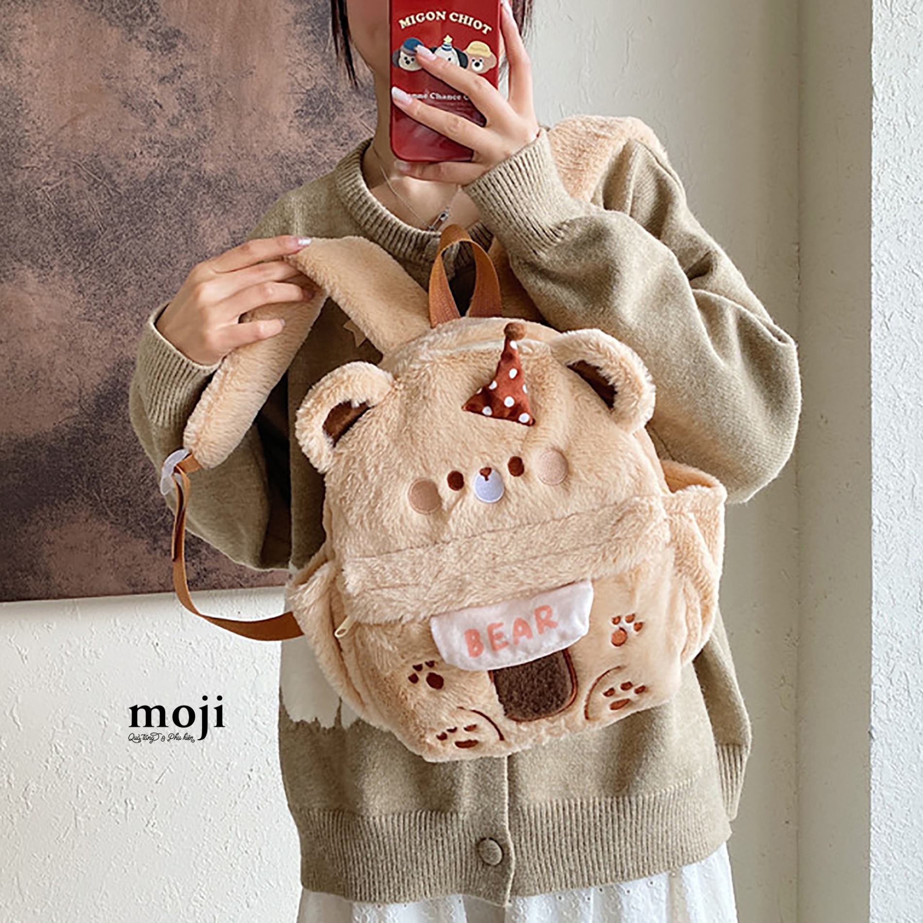 Balo vải lông xù Baby bear mũ nhỏ có tai 8x26x32