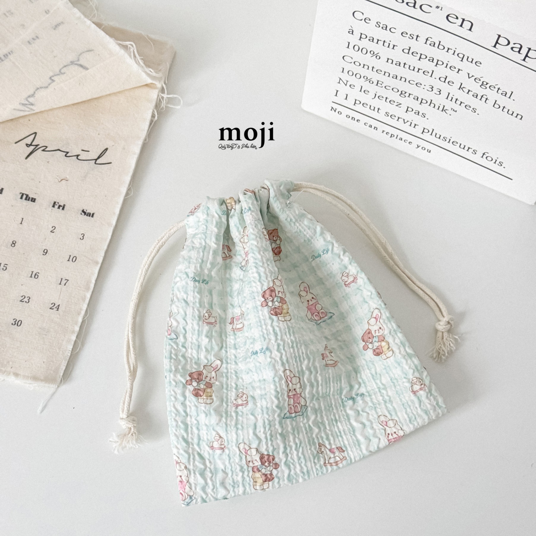 Túi đựng mỹ phẩm dây rút Rabbit baby bear ngựa gỗ họa tiết dập nổi 14x15