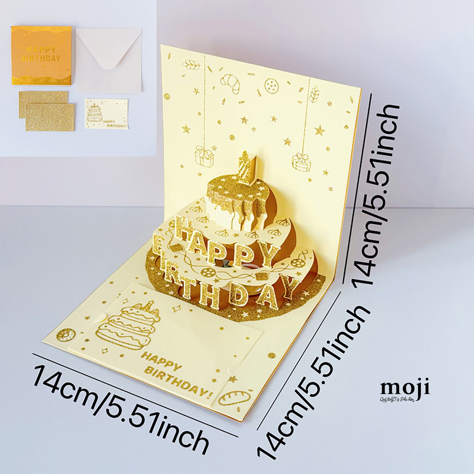 Thiệp 3D Happy birthday cake golden lấp lánh 14x14