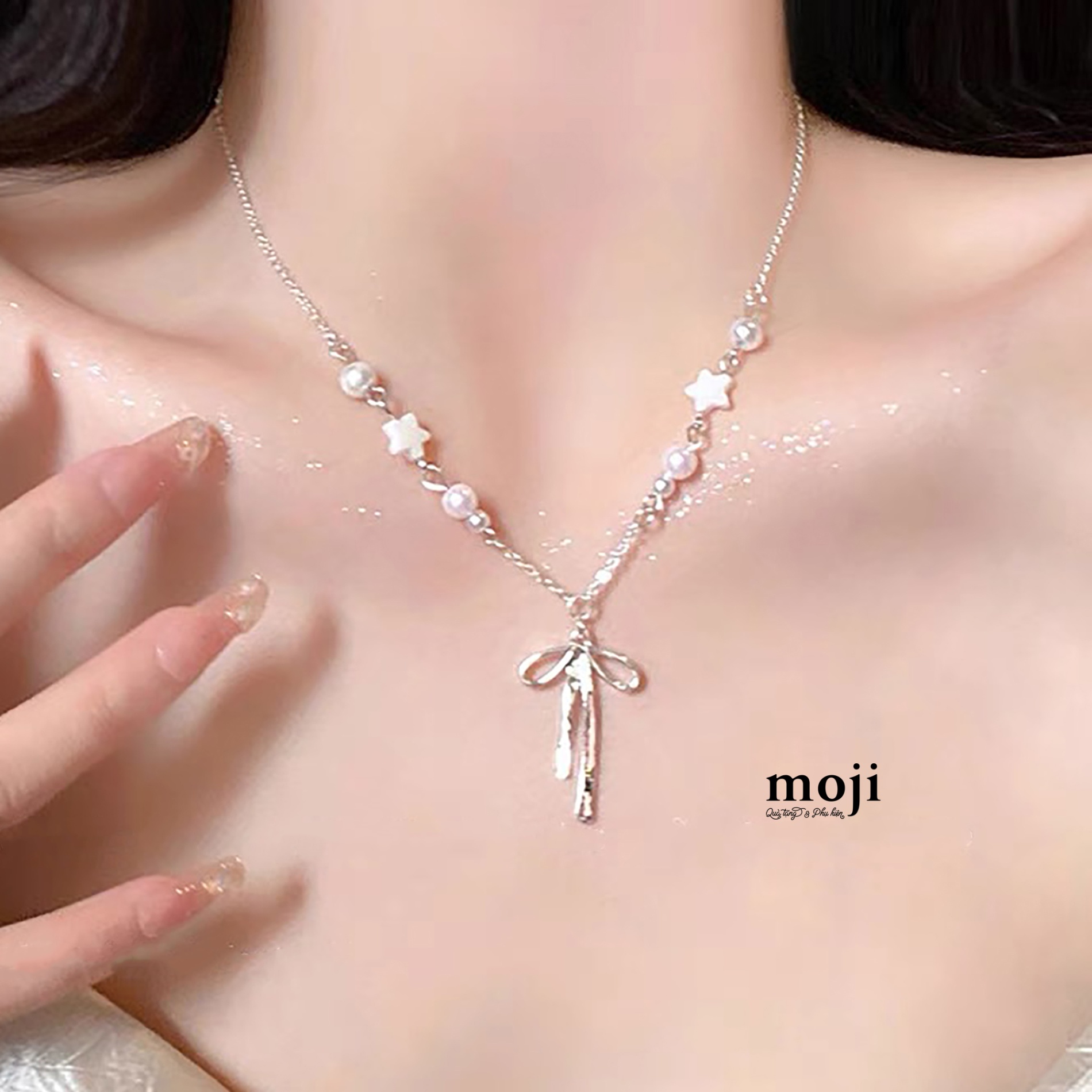 Dây chuyền mạ bạc Bow nơ dây dài ngôi sao ngọc trai