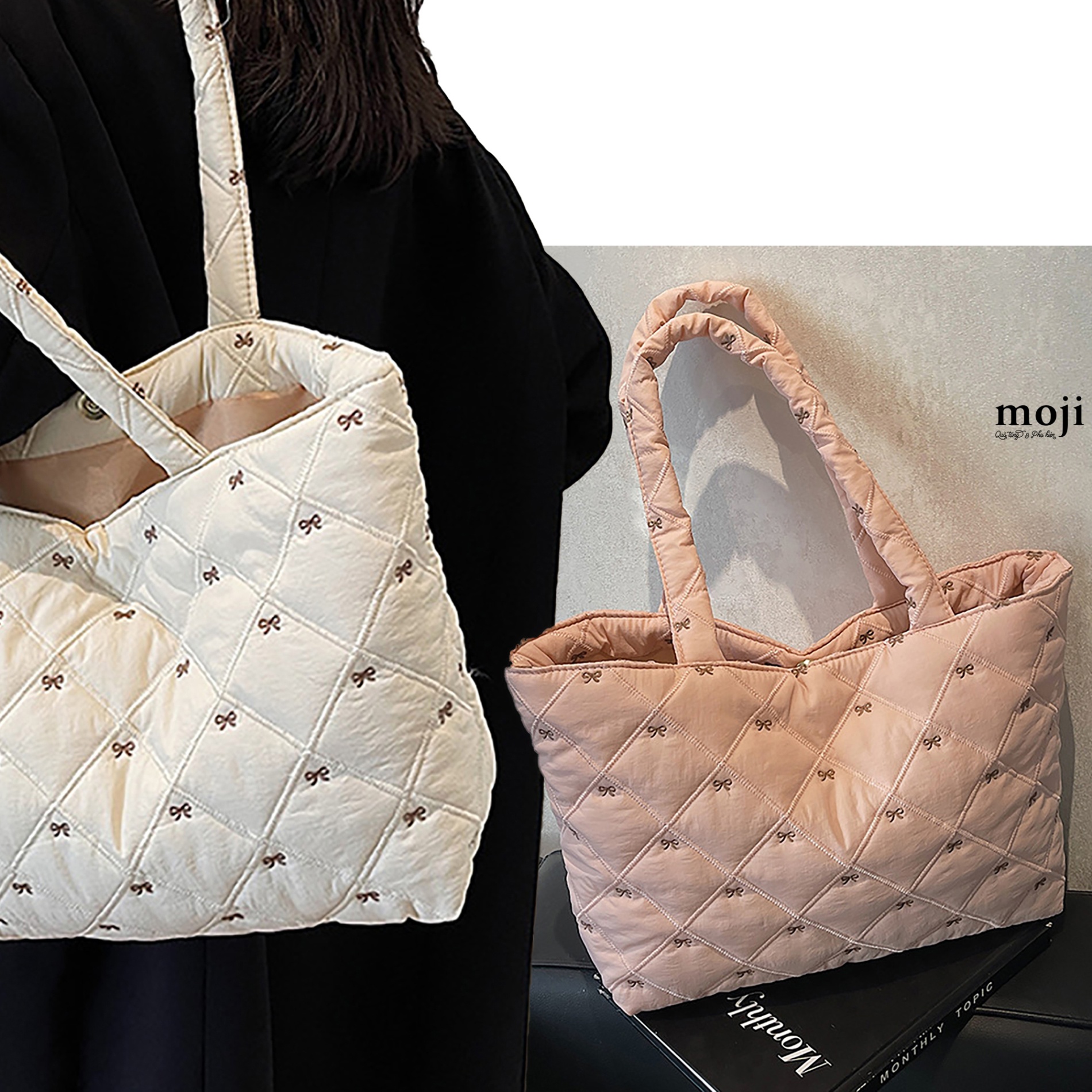 Túi đeo vải Little bow nơ ô vuông 12x29x45