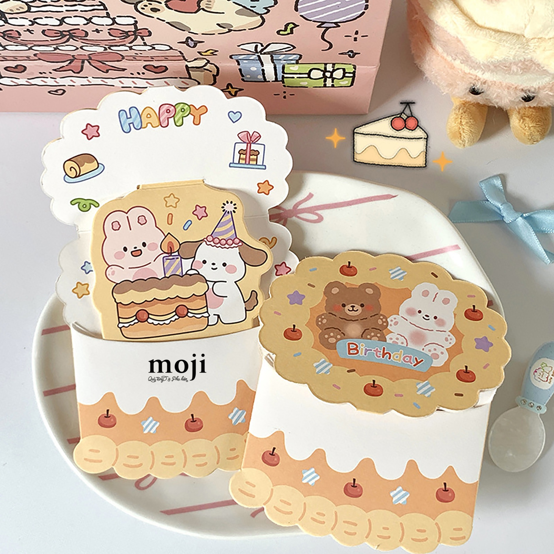 Thiệp 3D Happy birthday cake baby bear rabbit fruit star 10x12