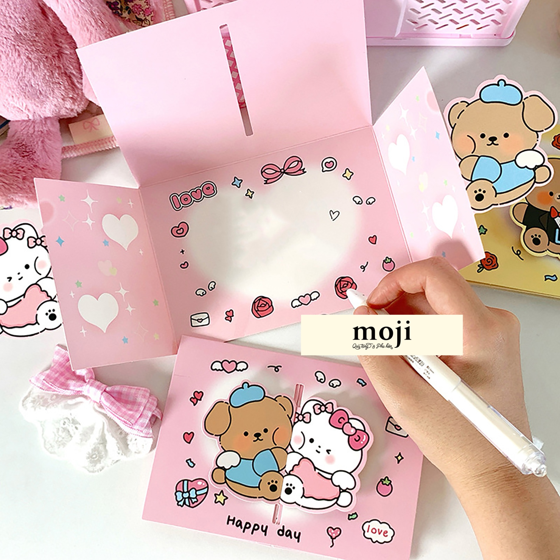 Thiệp chữ nhật Cute cat dog happy day ôm nhau 10x14