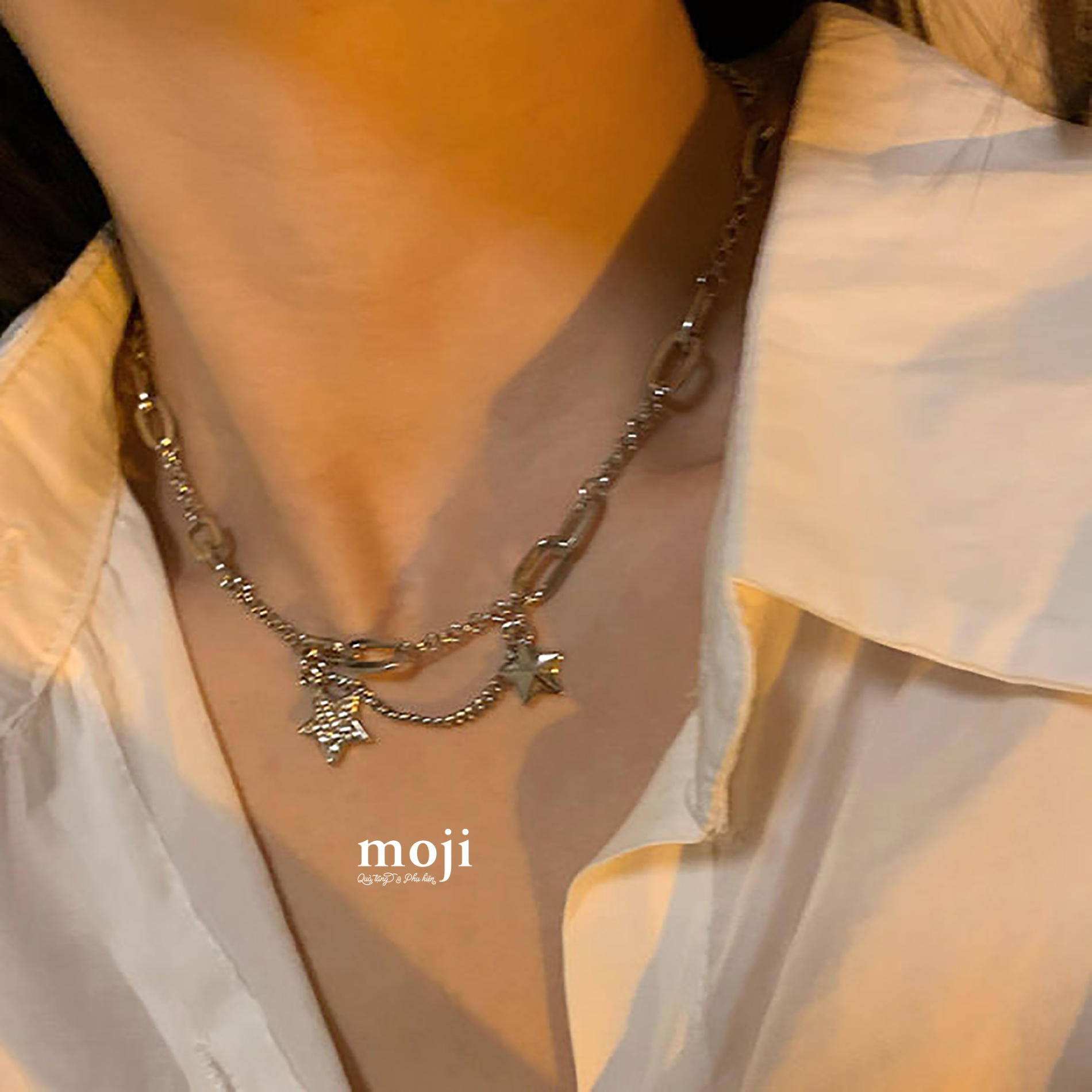 Dây chuyền mạ bạc Star ngôi sao đính đá phối mắt xích lớn