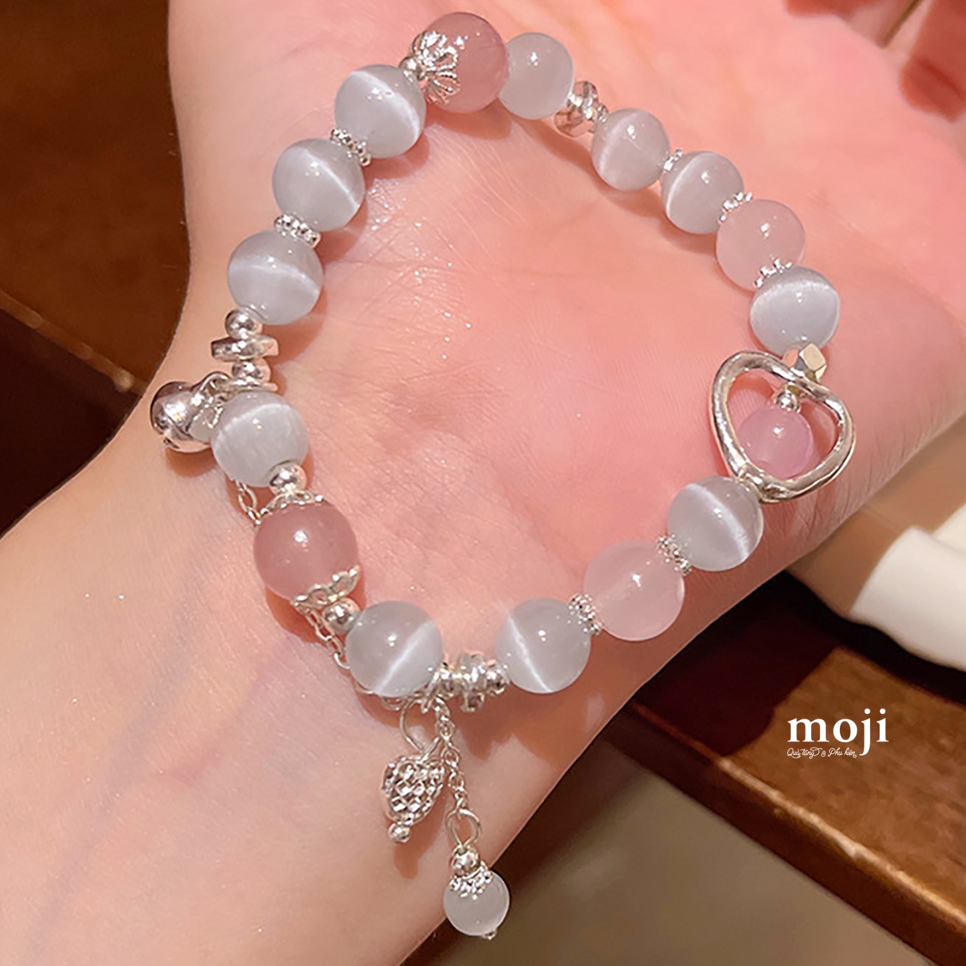 Vòng tay MJ Heart đính đá leng keng chuỗi hạt tròn phối màu