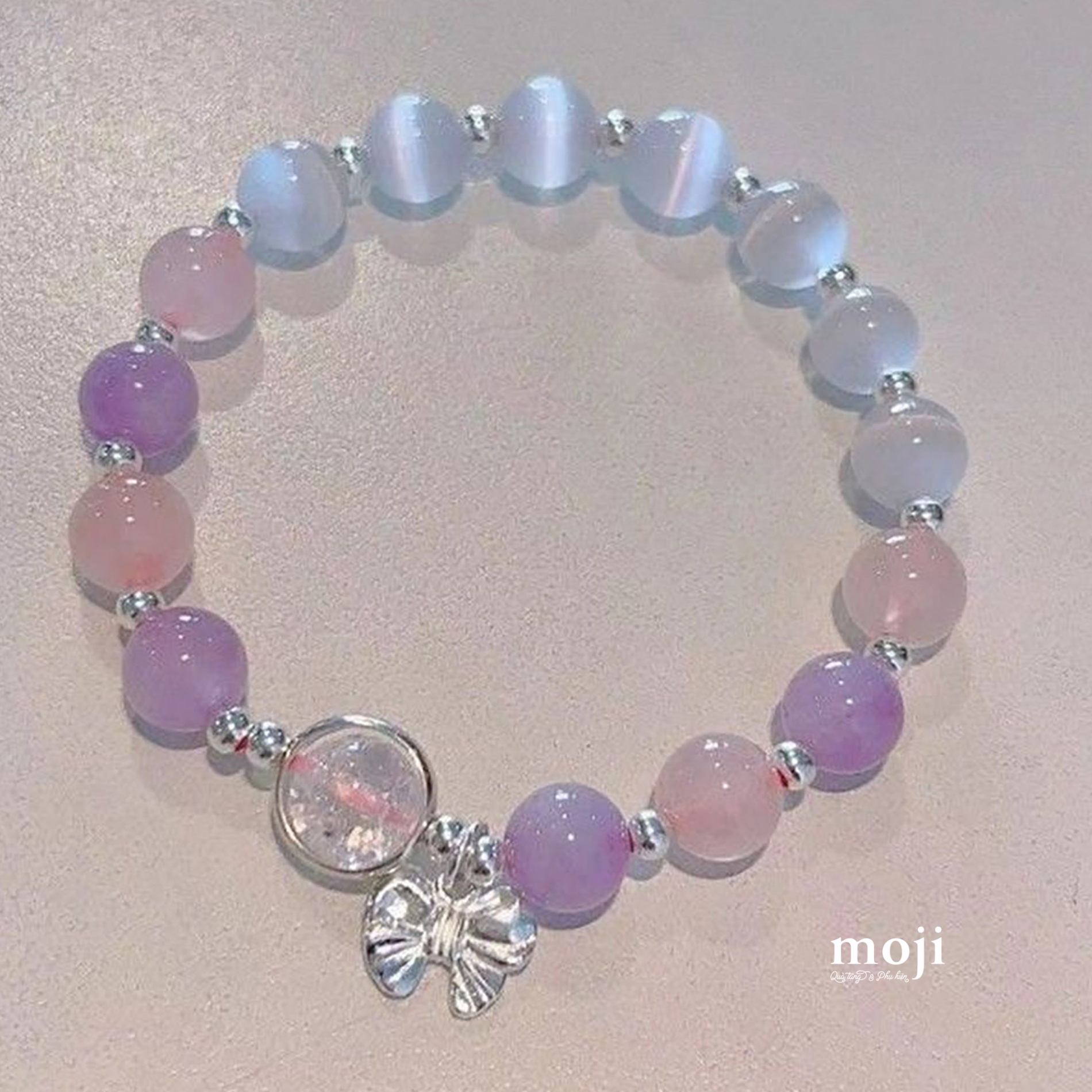 Vòng tay mạ bạc Little bow nơ chuỗi hạt tròn màu sắc