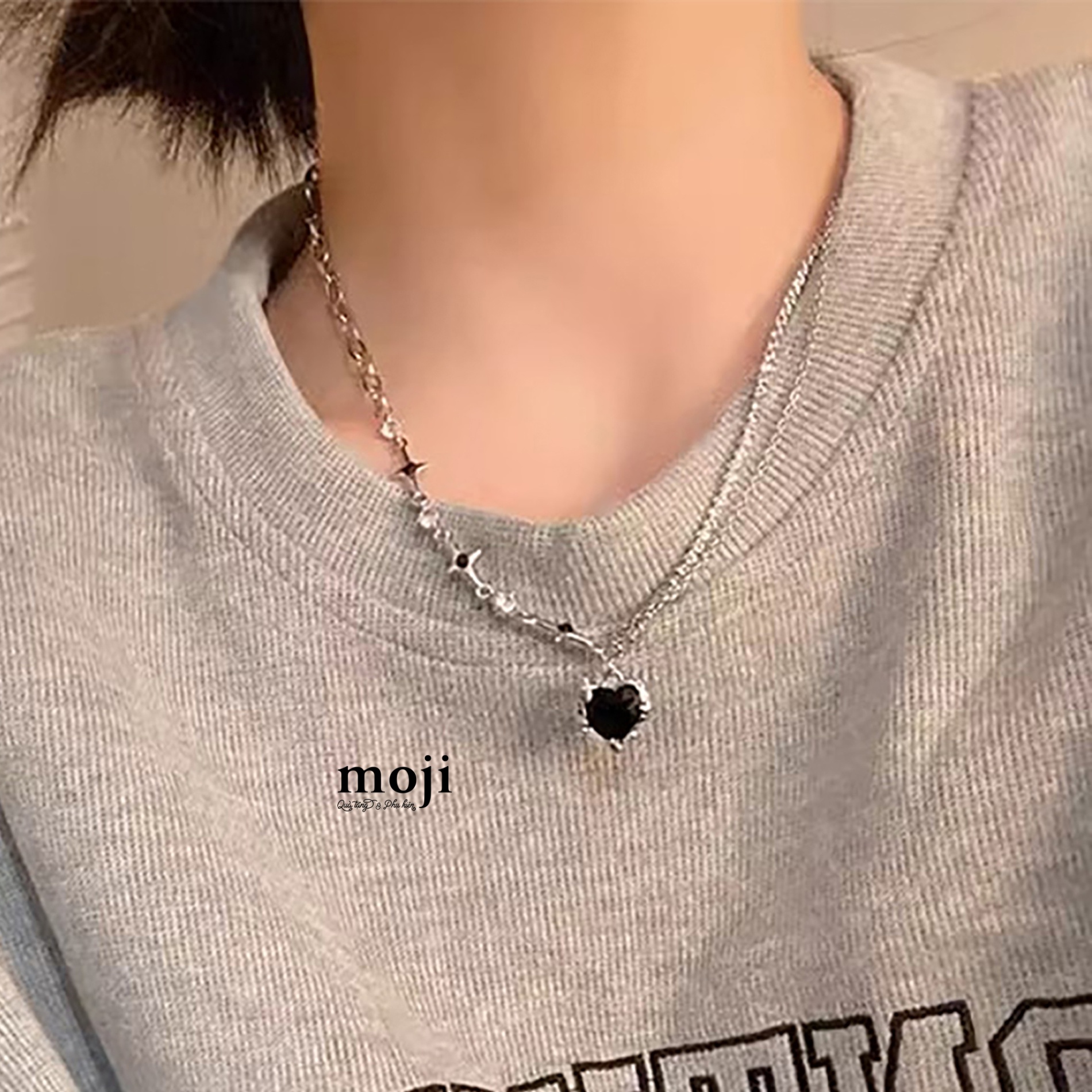 Dây chuyền mạ bạc Black heart star phối xích