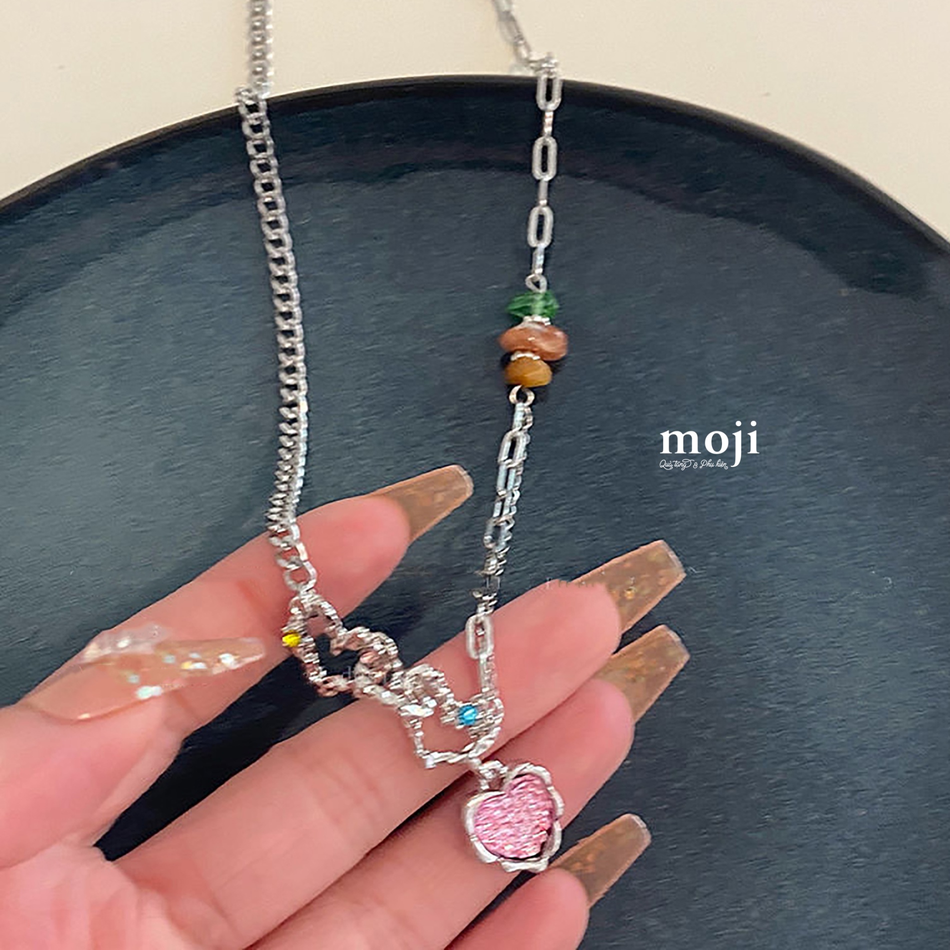Dây chuyền mạ bạc Heart trái tim đính đá phối xích lớn
